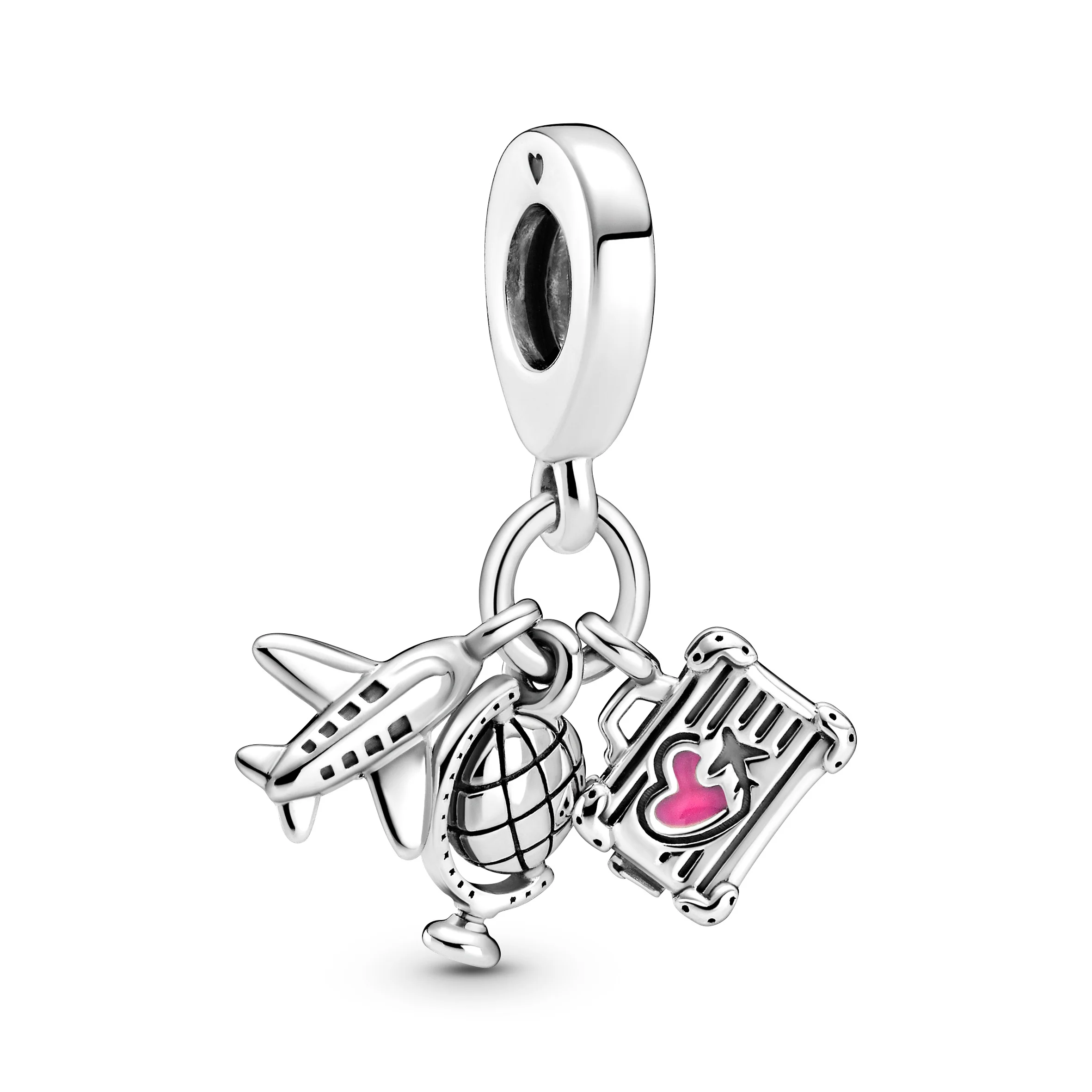 Airplane, Globe And Suitcase Sterling Silver Dangle With Pink Enamel