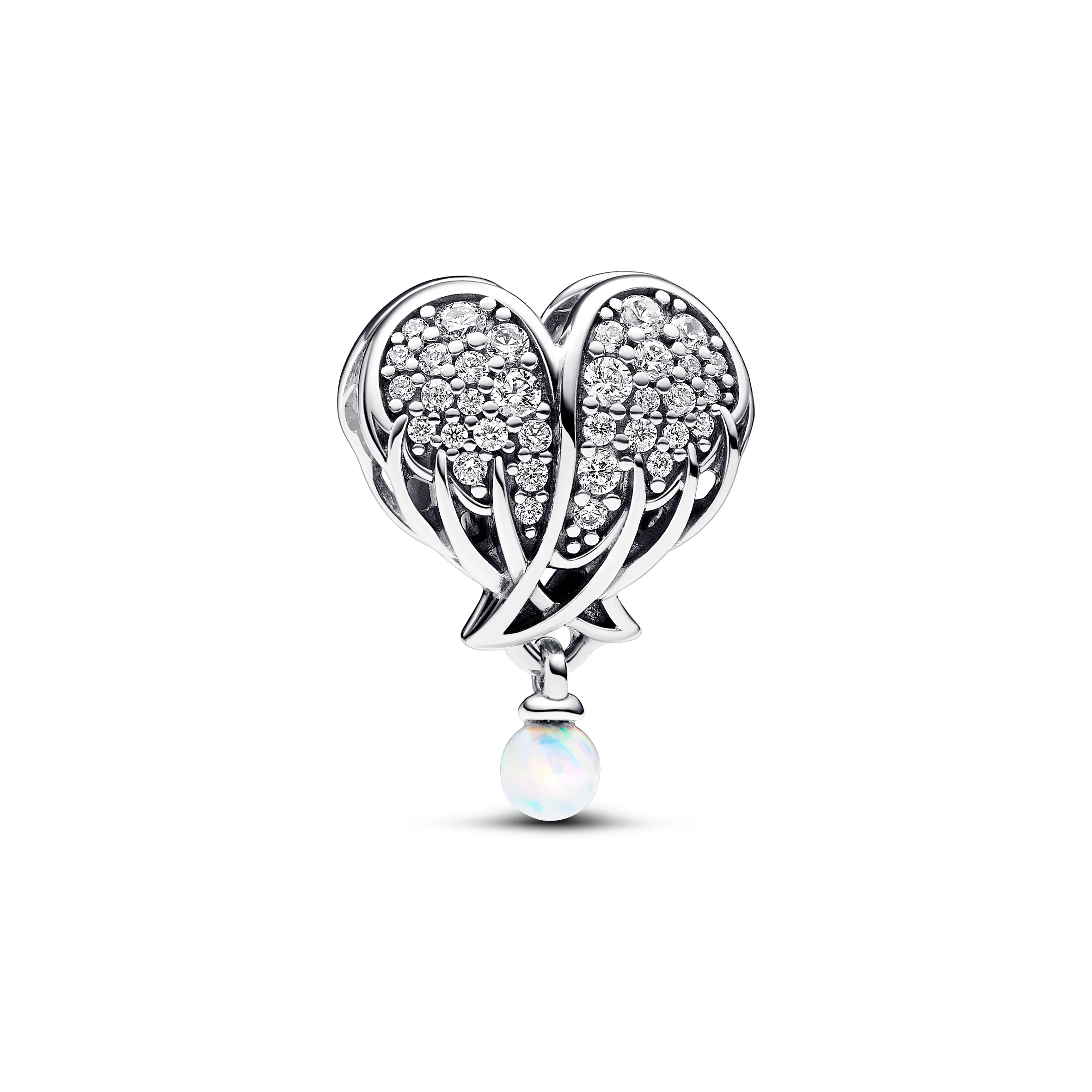 Angel Wing Heart Sterling Silver Charm With Clear Cubic Zirconia And White Lab-Created Opal - Image 3