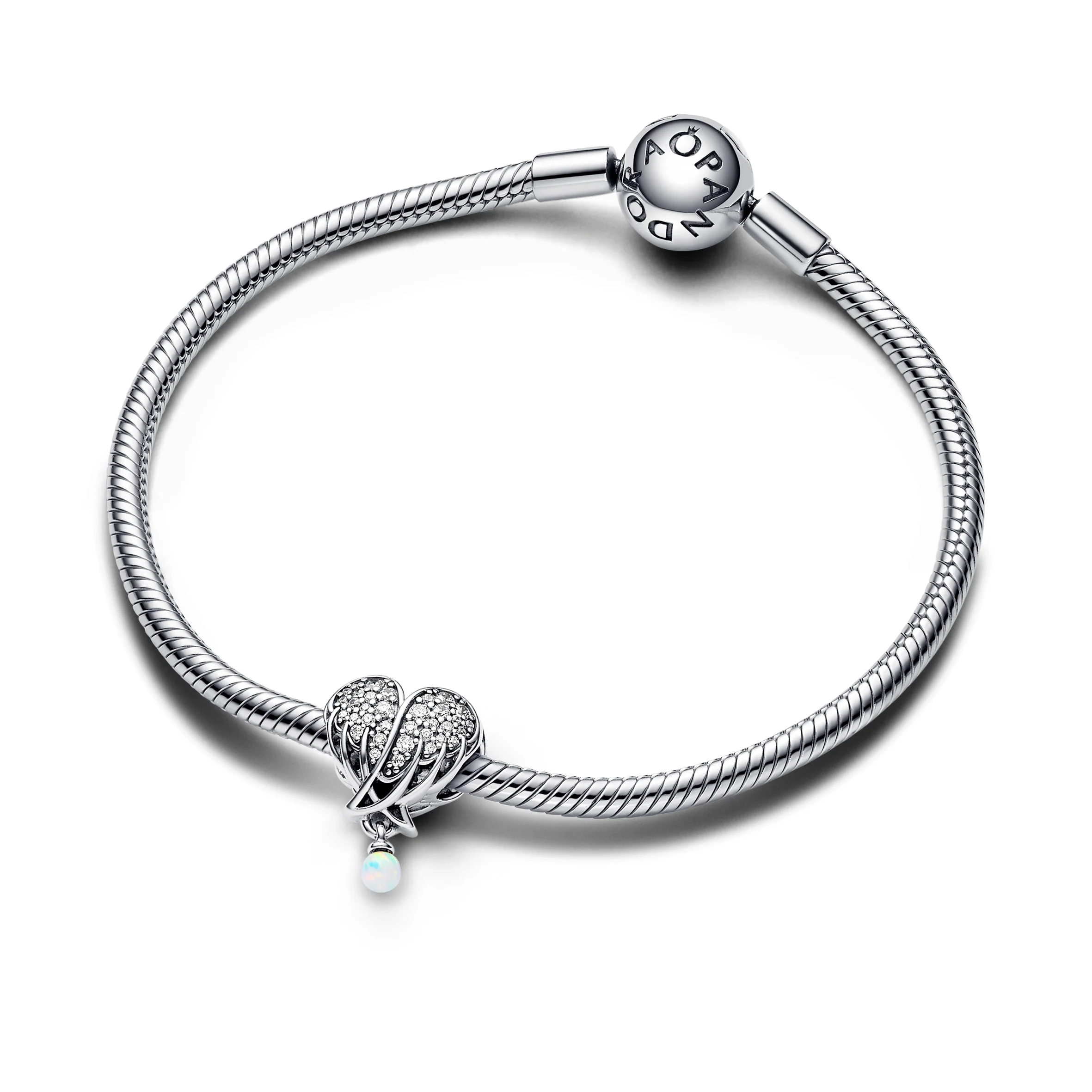 Angel Wing Heart Sterling Silver Charm With Clear Cubic Zirconia And White Lab-Created Opal - Image 4