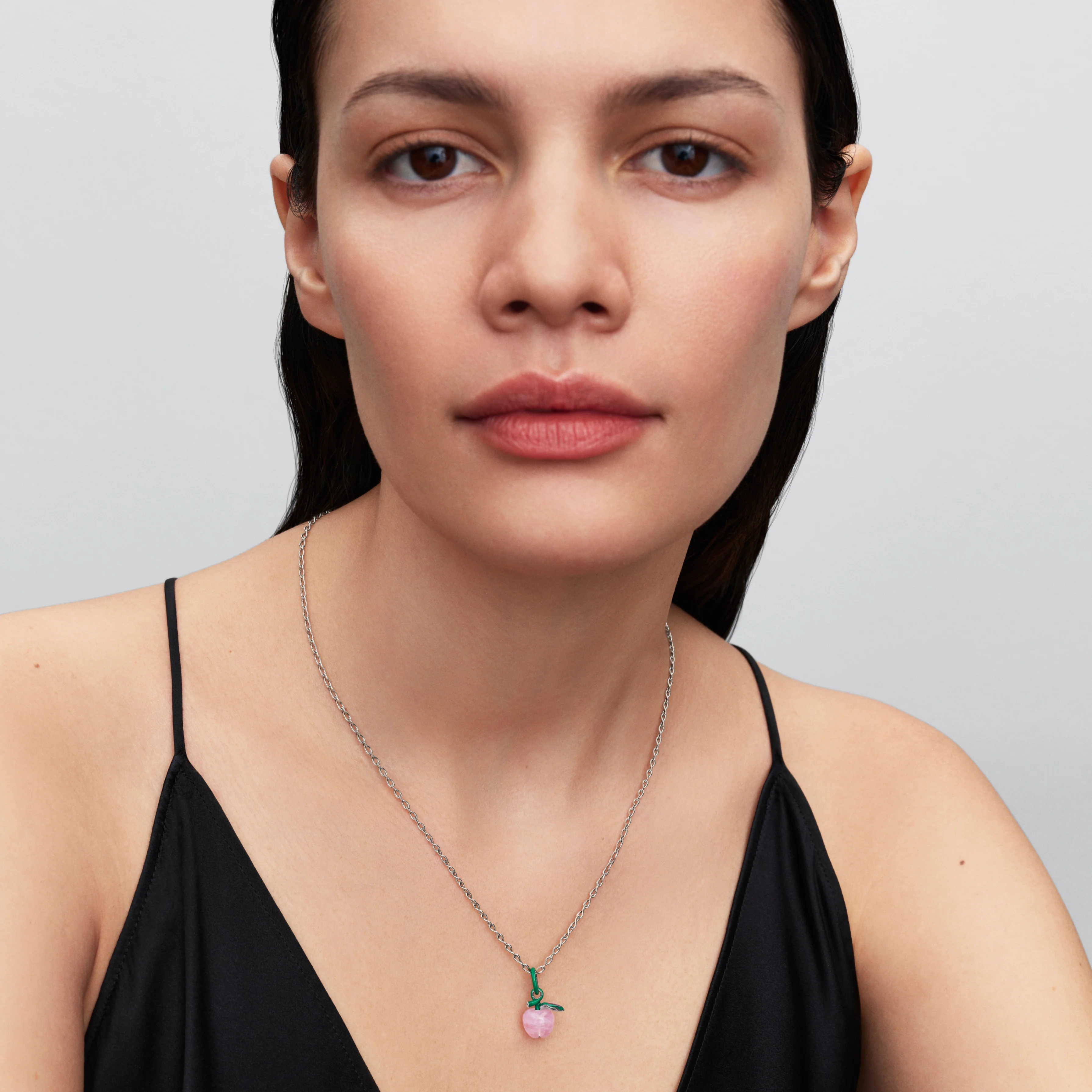 Apple Sterling Silver Dangle With Clear Cubic Zirconia, Pink Murano Glass, Green And Pink Enamel - Image 4
