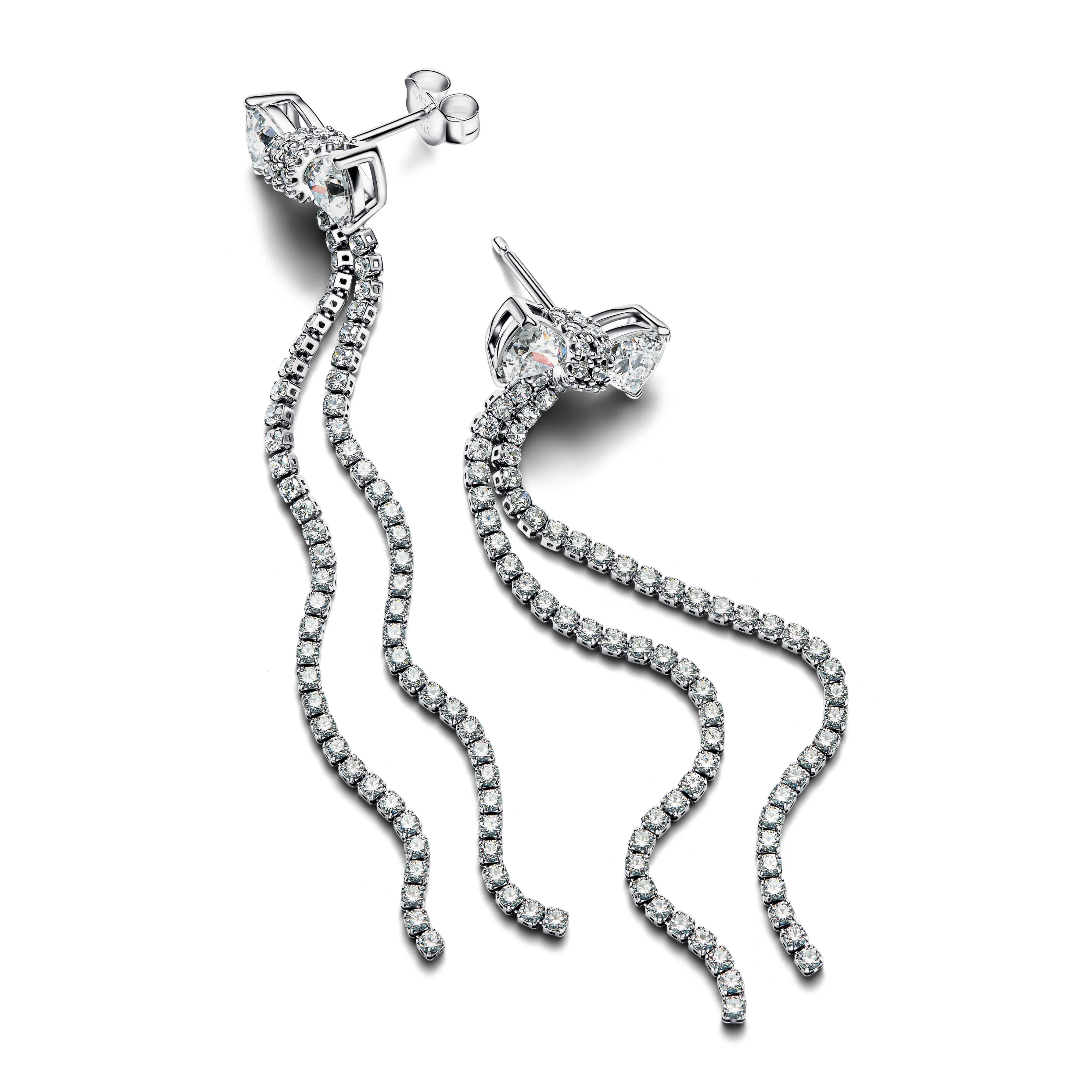Bow Sterling Silver Drop Earrings With Clear Cubic Zirconia - Image 3
