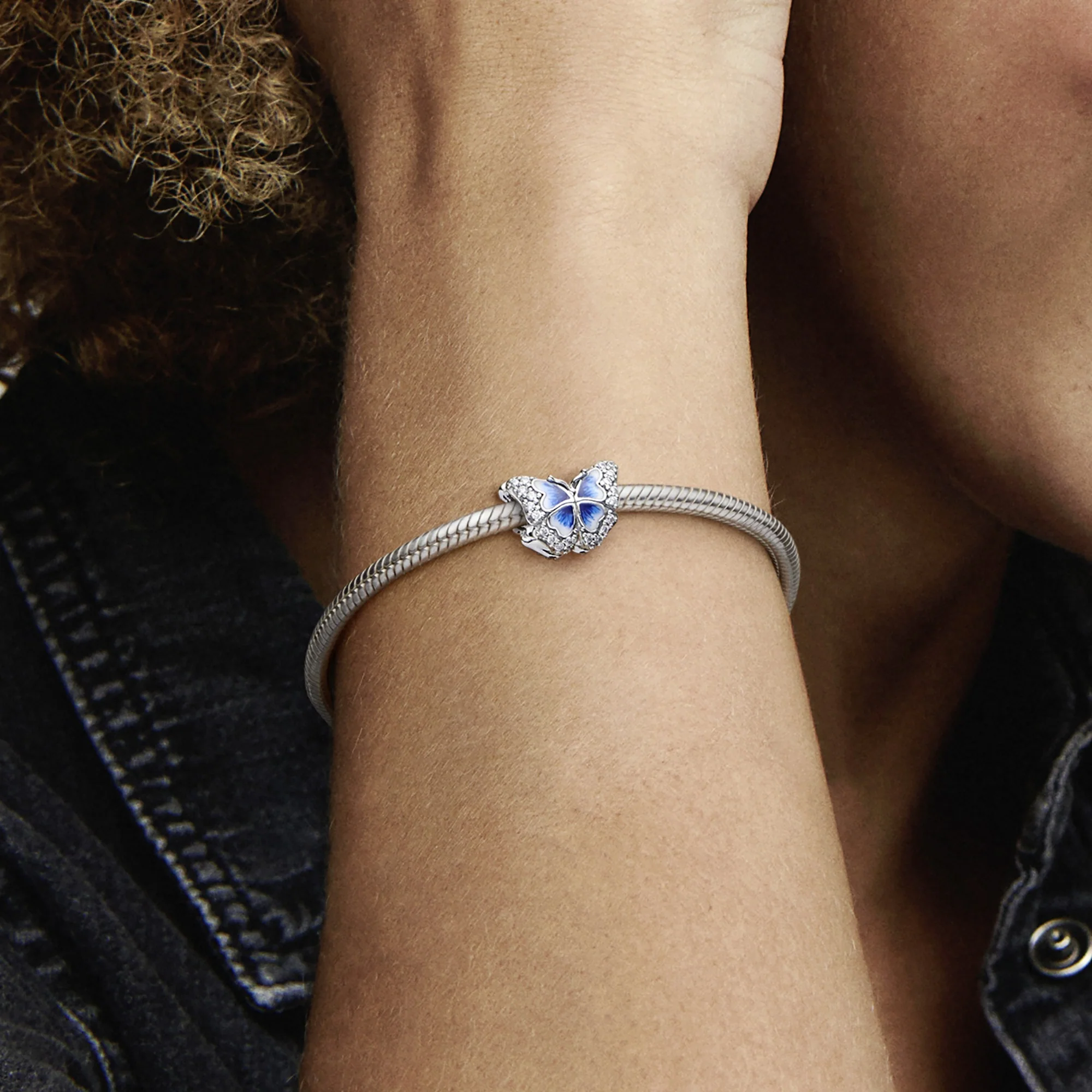 Butterfly Sterling Silver Charm With Clear Cubic Zirconia And Shaded Blue And White Enamel - Image 3