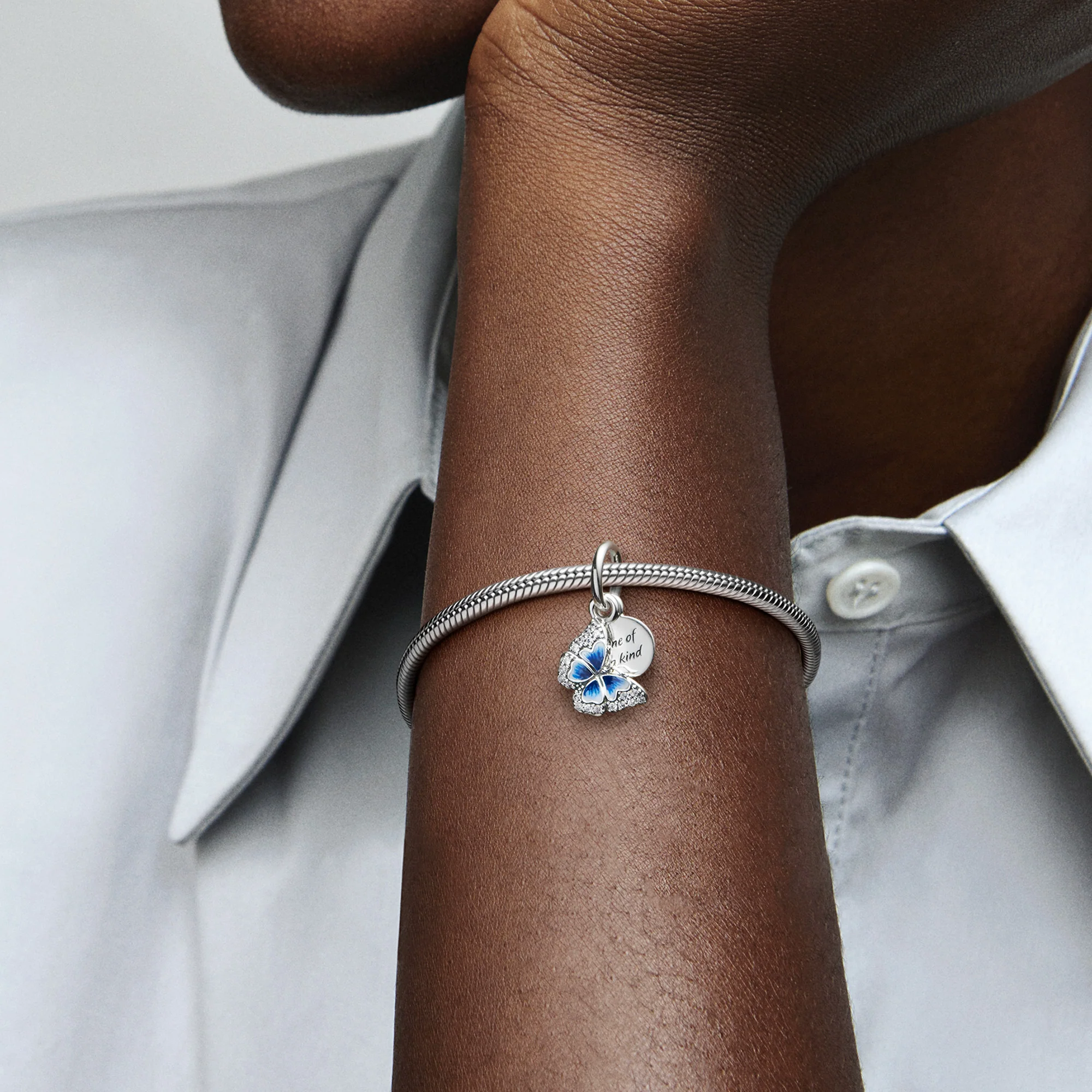 Butterfly Sterling Silver Dangle With Clear Cubic Zirconia, Shaded Blue And White Enamel - Image 3
