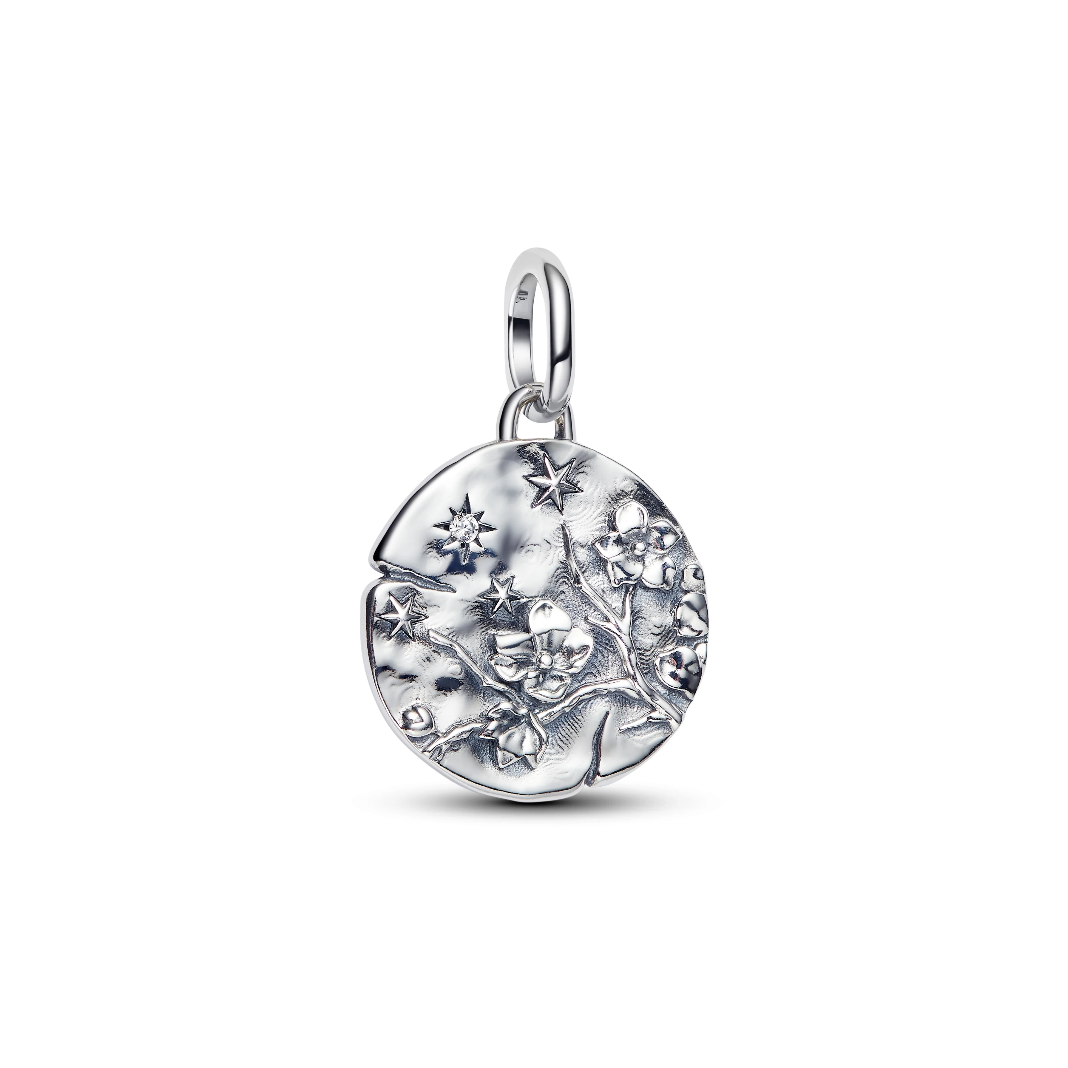 Cherry Blossom Sterling Silver Medallion With Clear Cubic Zirconia