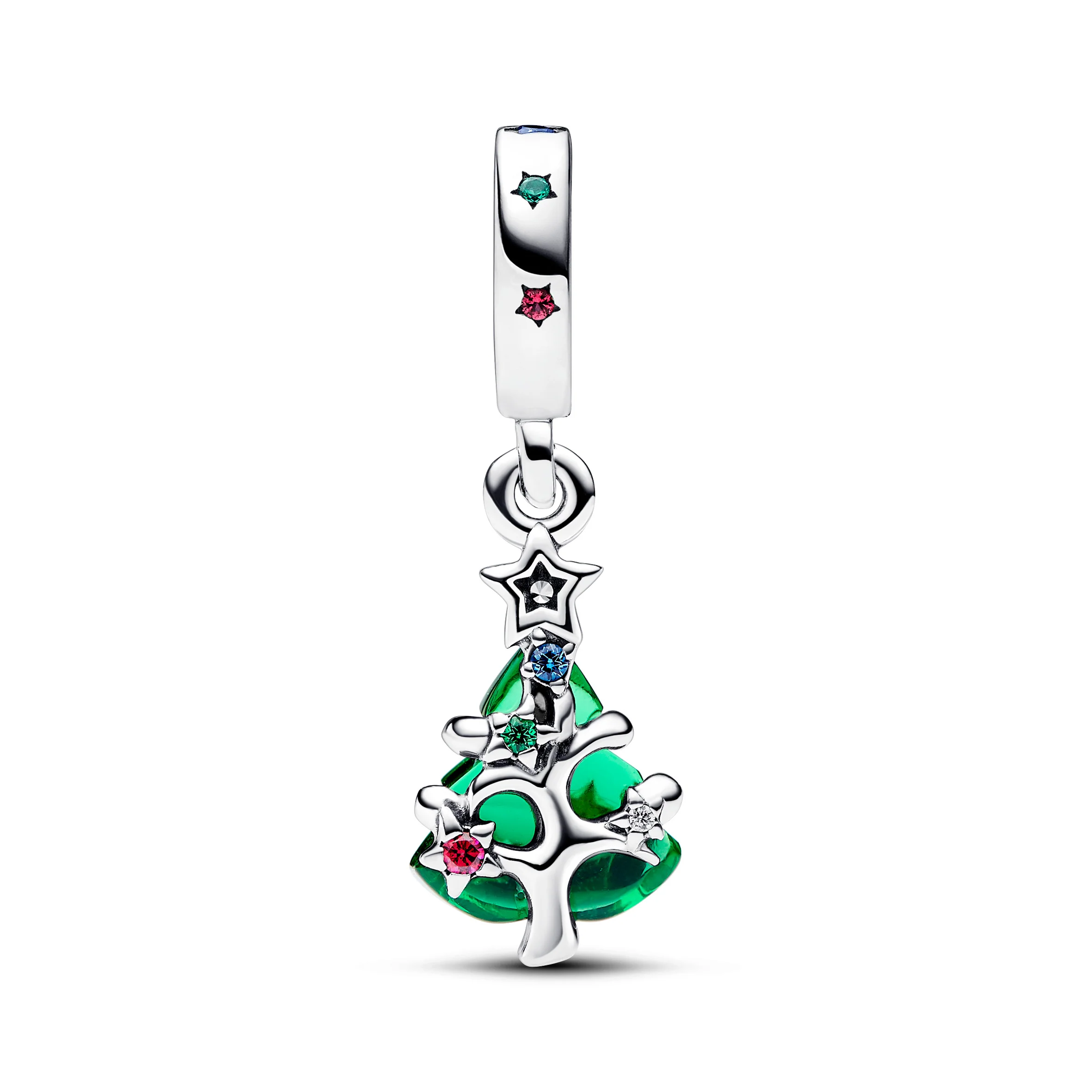 Christmas Tree Sterling Silver Dangle With Clear, Red Cubic Zirconia, Stellar Blue, Royal Green Crystal And Golden Enamel