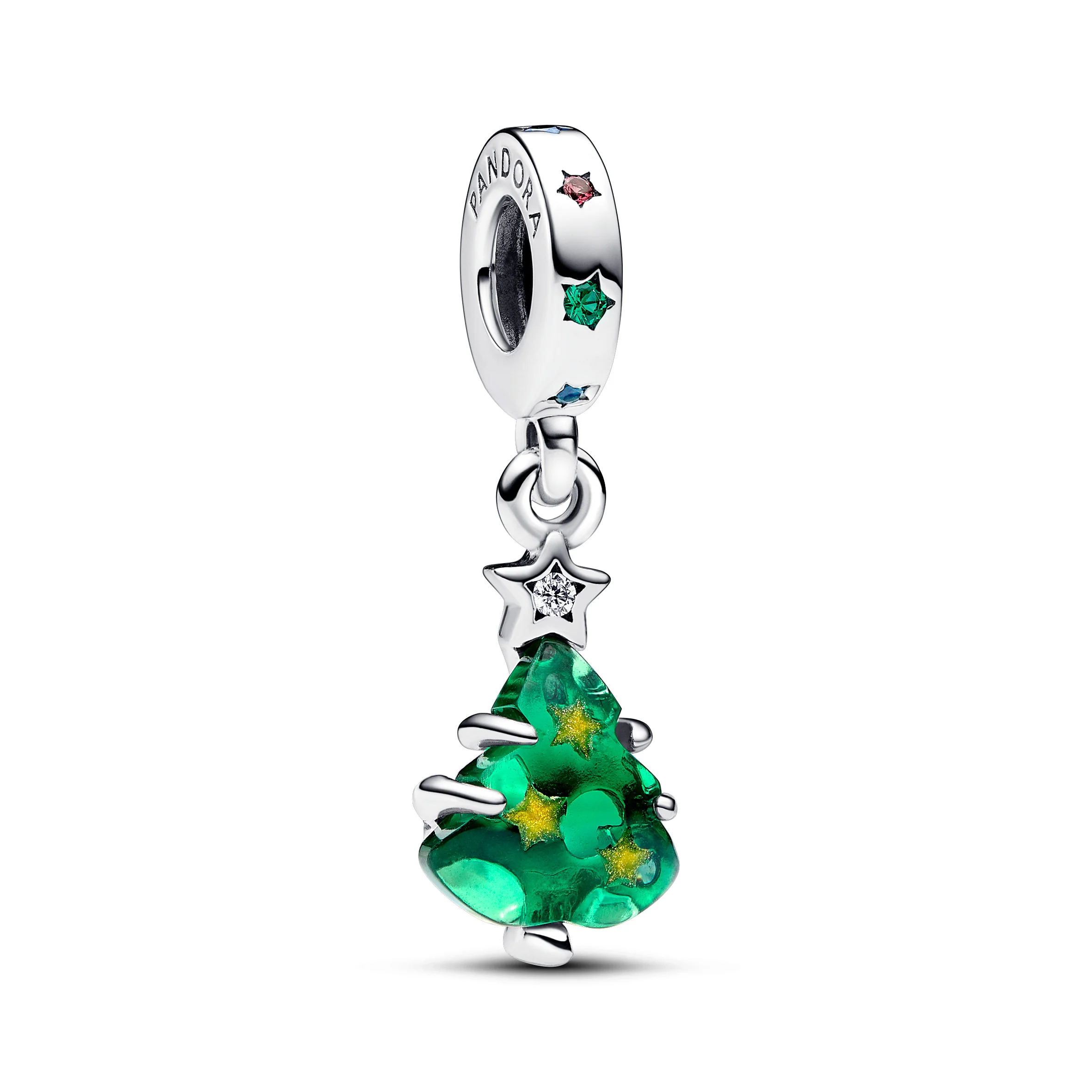 Christmas Tree Sterling Silver Dangle With Clear, Red Cubic Zirconia, Stellar Blue, Royal Green Crystal And Golden Enamel - Image 2