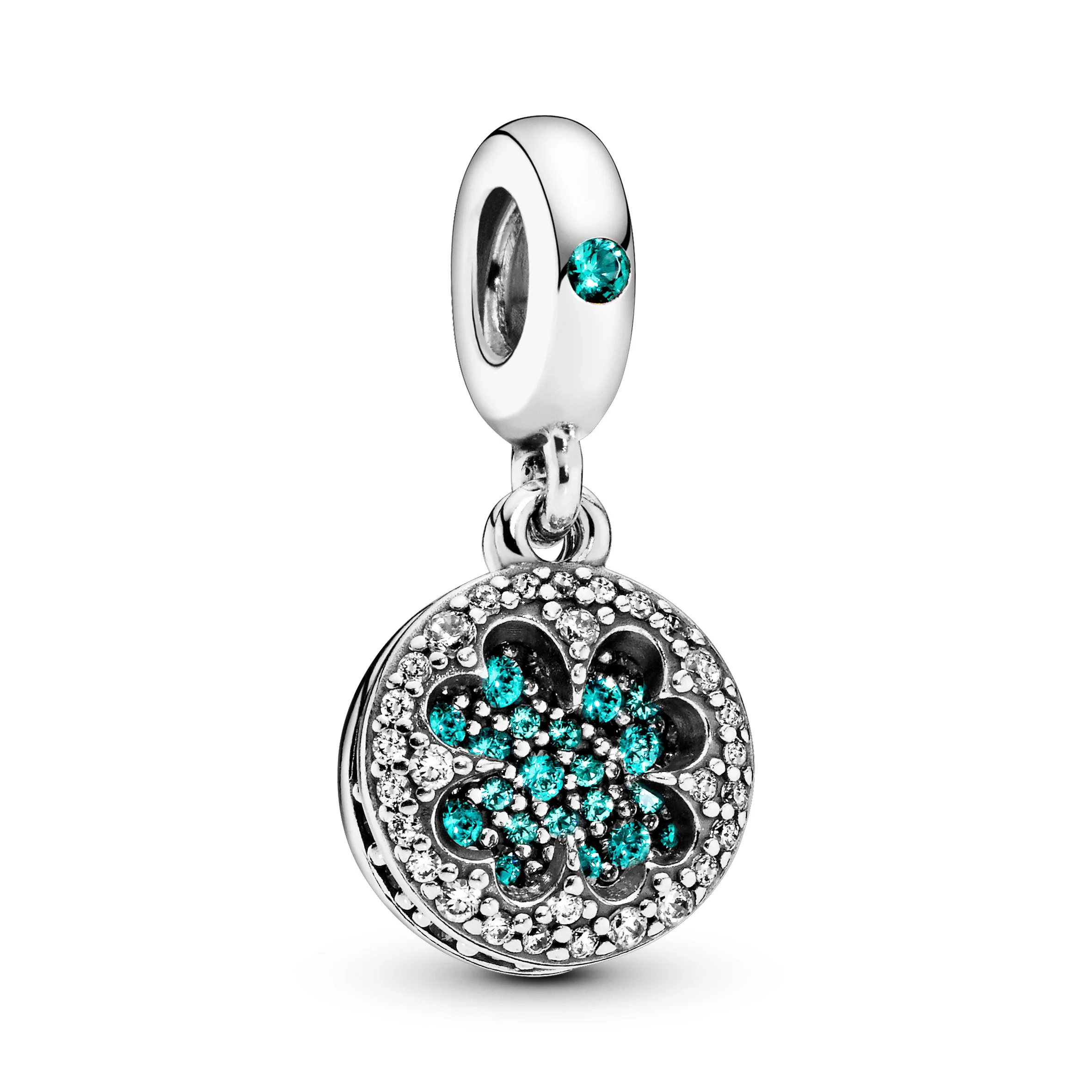 Clover Silver Dangle With Royal Green, Aqua Green Crystal And Clear Cubic Zirconia