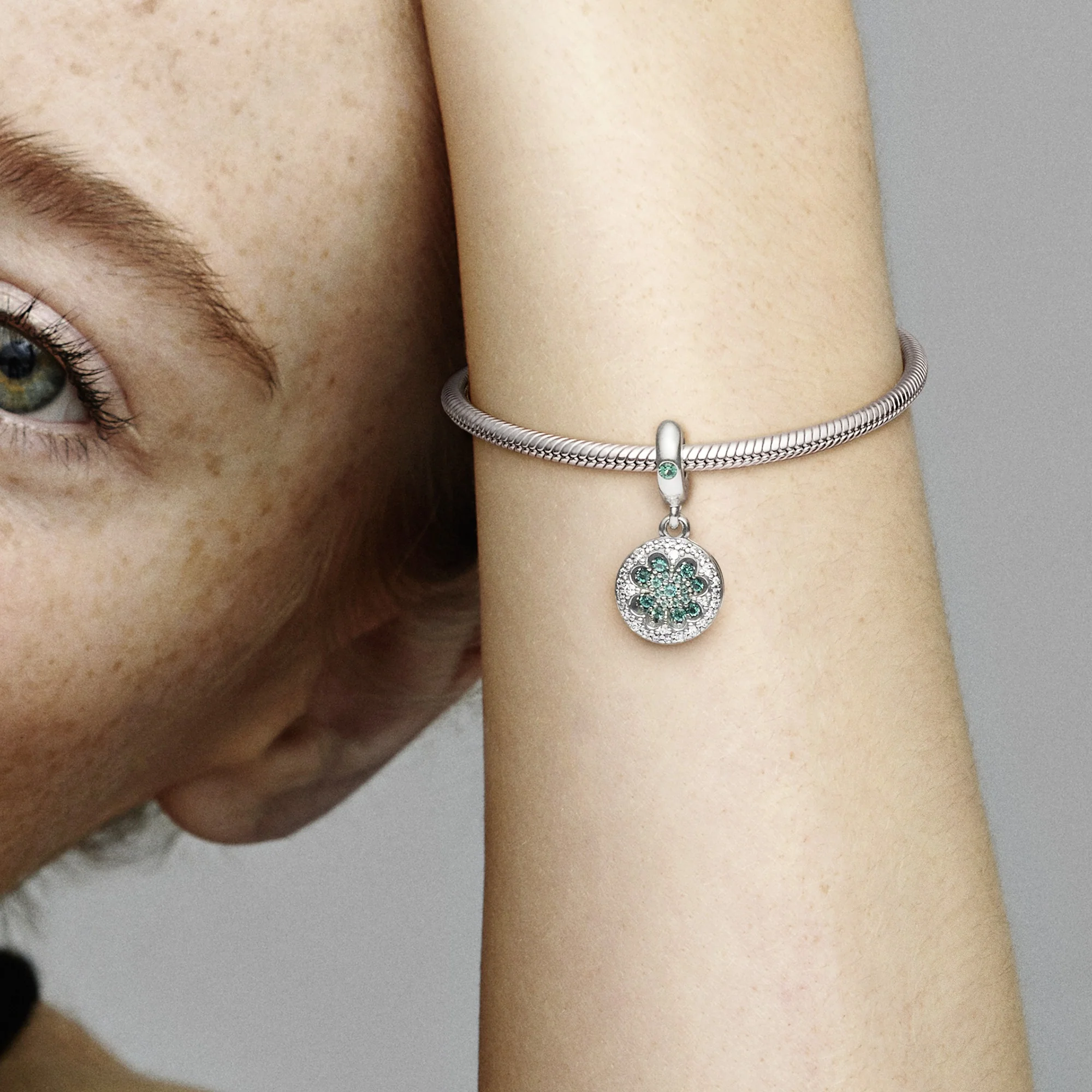 Clover Silver Dangle With Royal Green, Aqua Green Crystal And Clear Cubic Zirconia - Image 2