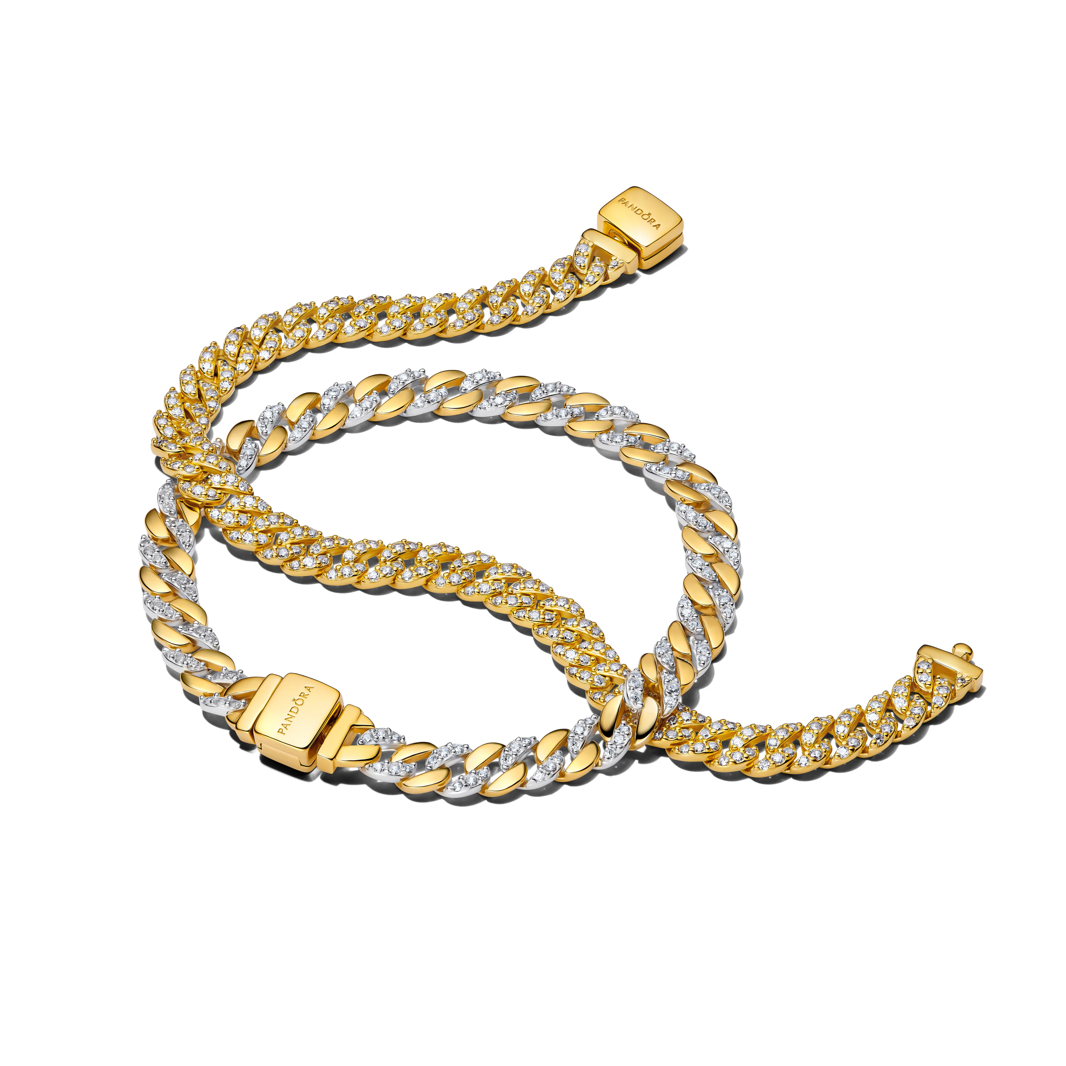 Cuban Chain Sterling Silver And 14K Gold-Plated Bracelet With Clear Cubic Zirconia - Image 2