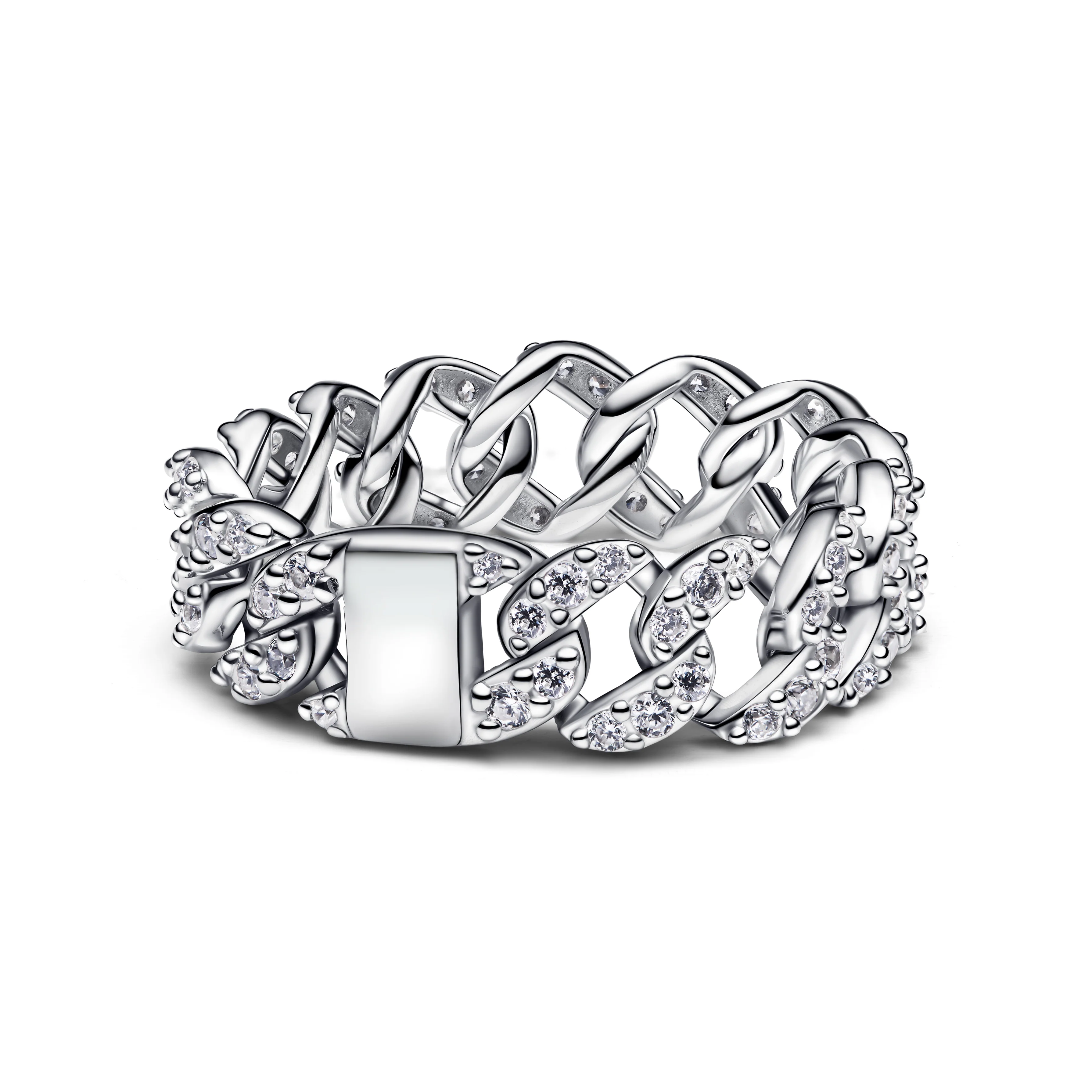 Cuban Chain Sterling Silver Ring With Clear Cubic Zirconia - Image 3