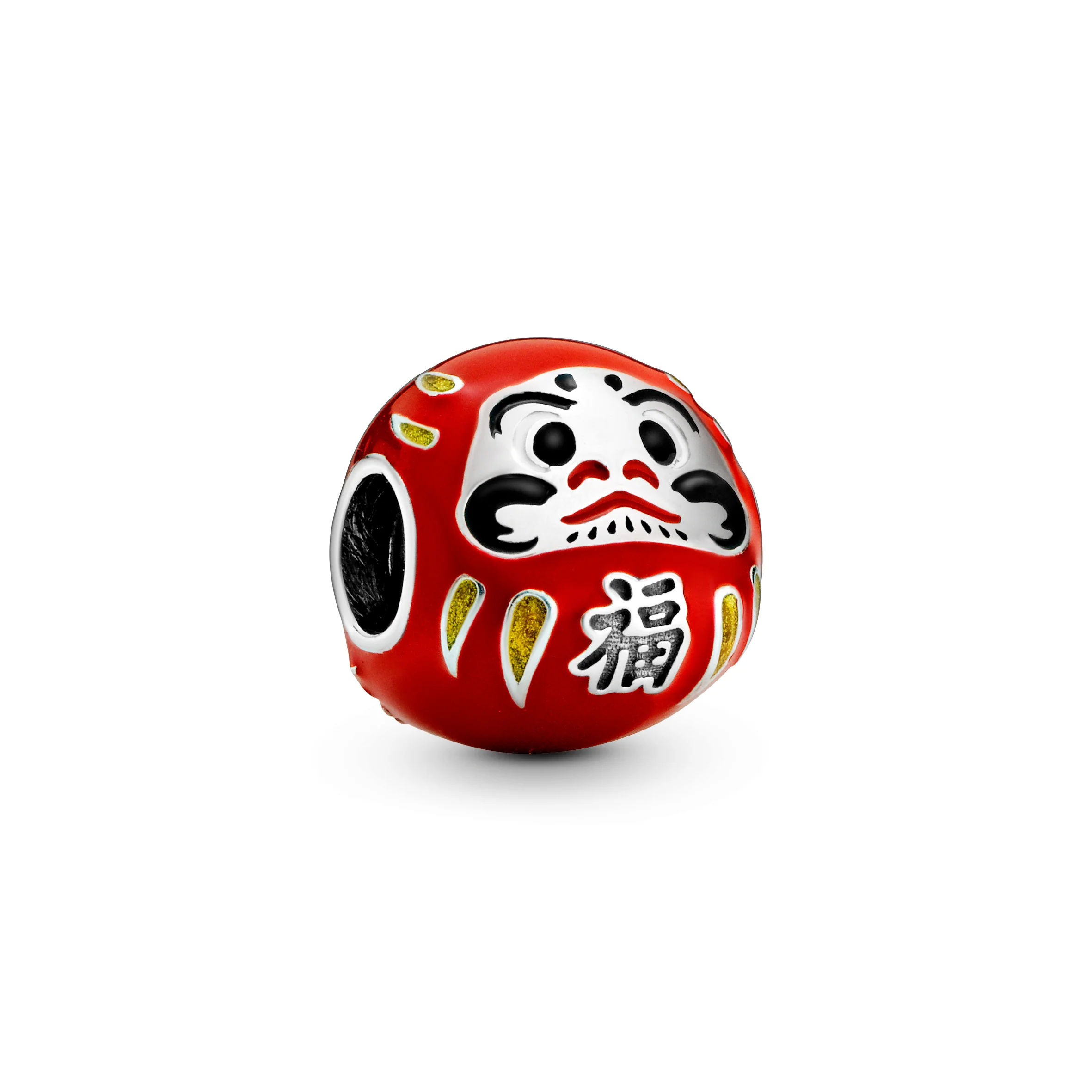 Daruma Doll Sterling Silver Charm With Red, Black, White And Golden Enamel