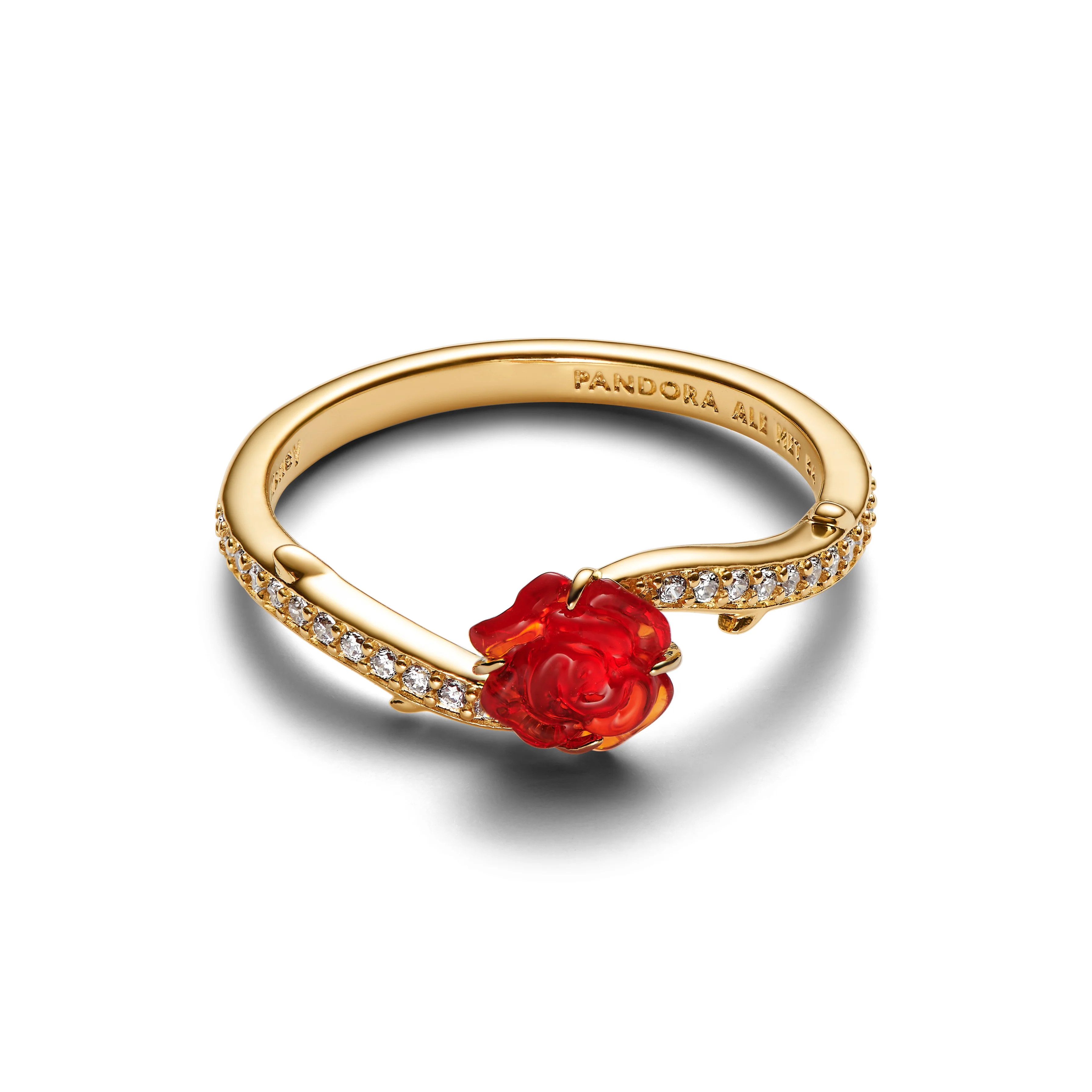 Disney Beauty And The Beast Rose 14K Gold-Plated Ring With Clear Cubic Zirconia And Red Murano Glass - Image 3