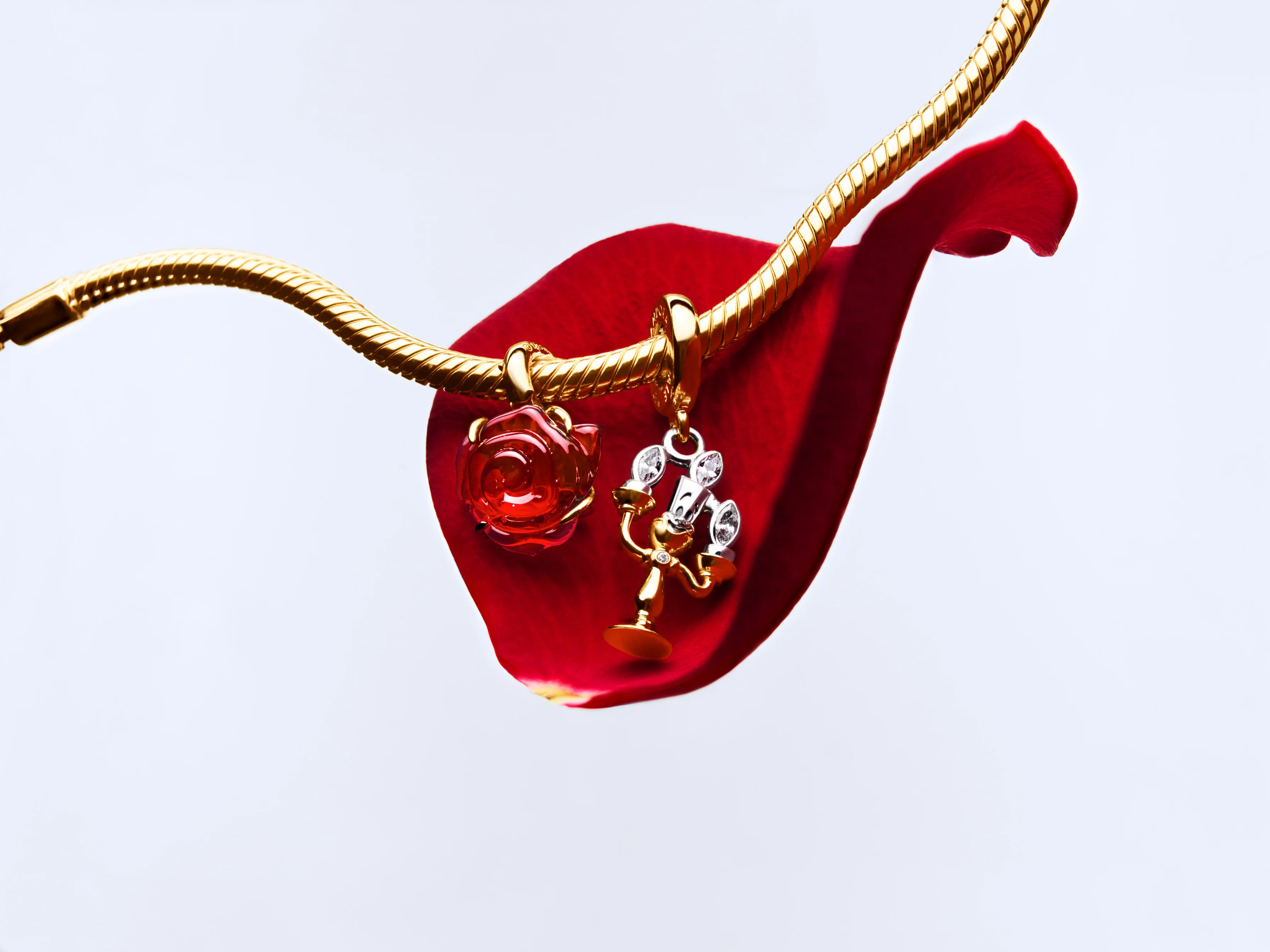 Disney Beauty & The Beast Snake Chain 14K Gold-Plated Bracelet With Rose Clasp And Holo Glittery Red Enamel - Image 4