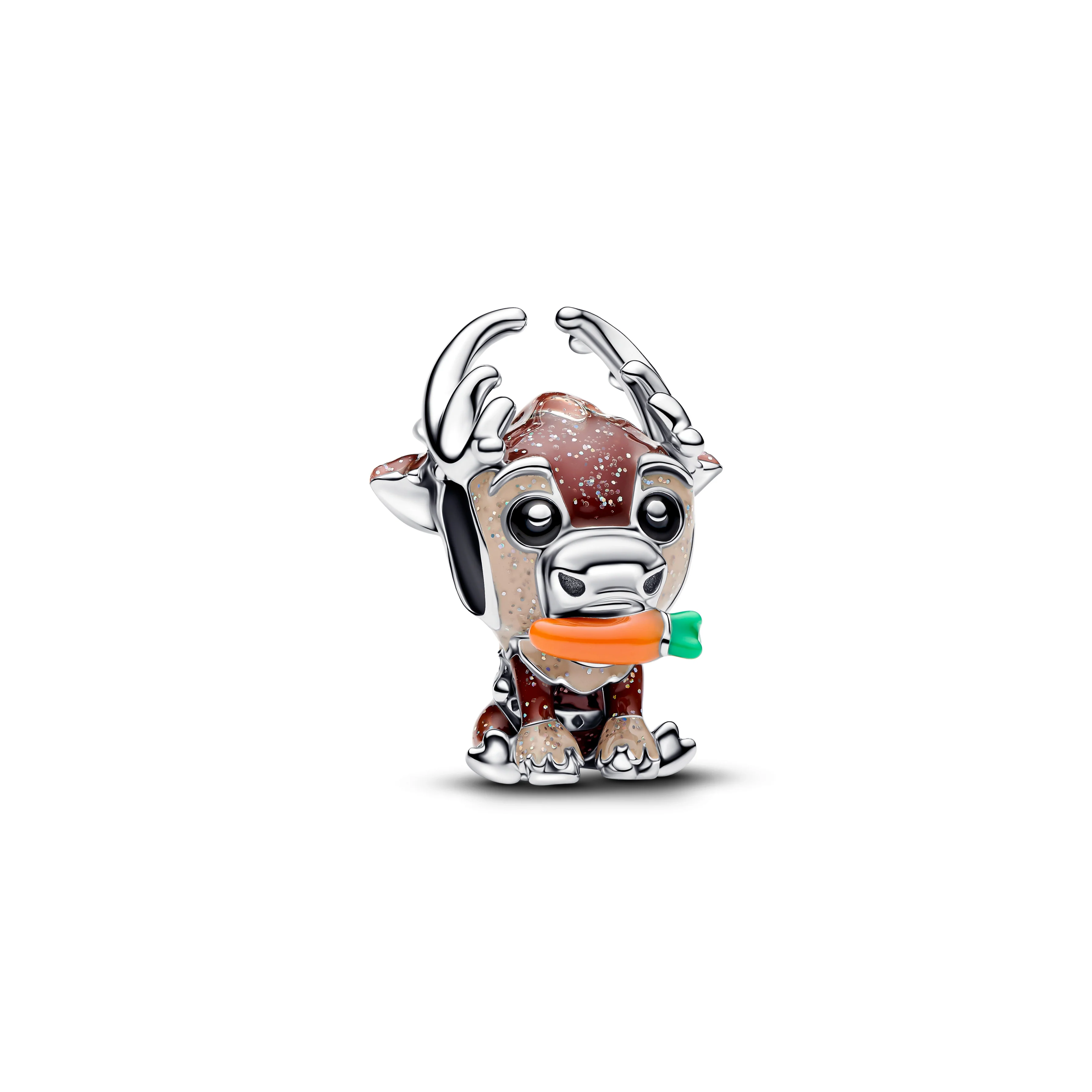Disney Frozen Sven Sterling Silver Charm With Glittery Brown And Beige, Orange, Red, Green And Black Enamel