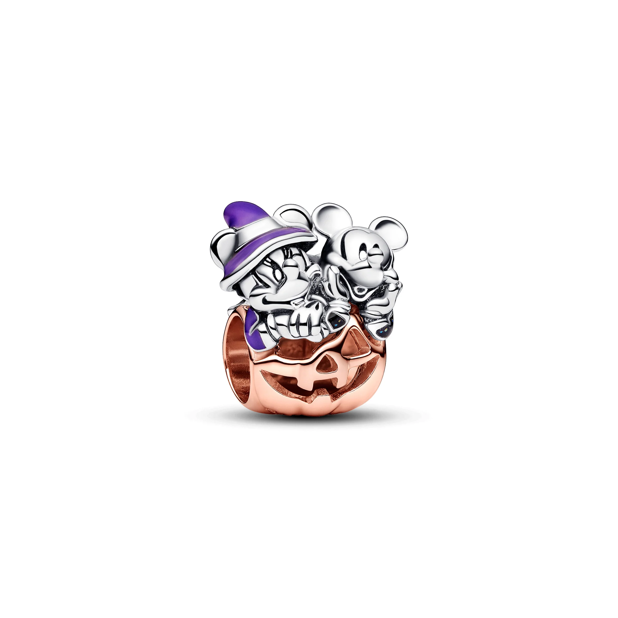 Disney Mickey And Minnie Pumpkin Sterling Silver And 14K Rose Gold-Plated Charm With Black And Purple Glow In The Dark Enamel