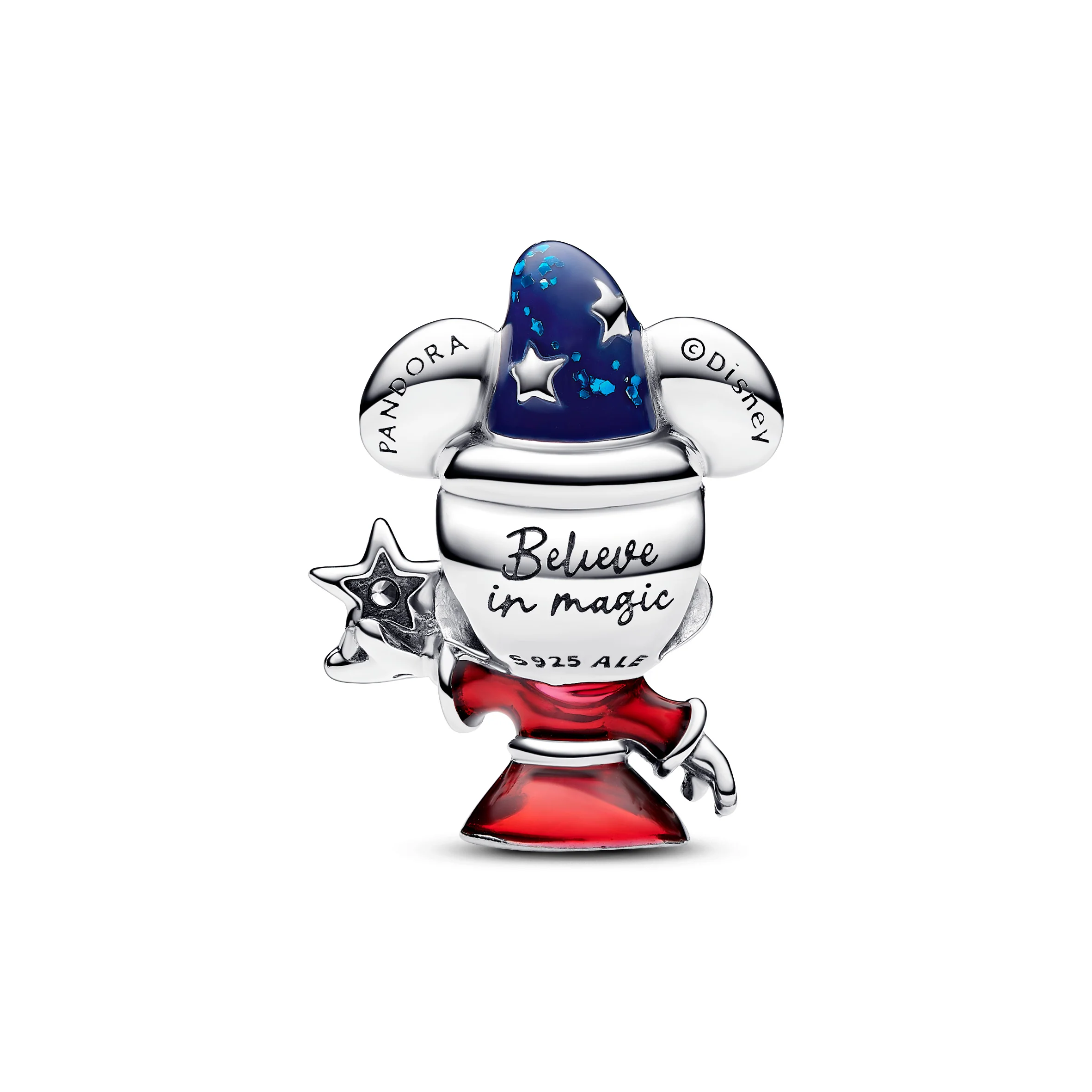 Disney Mickey Mouse Sterling Silver Charm With Clear Cubic Zirconia, Red, Blue And Black Enamel