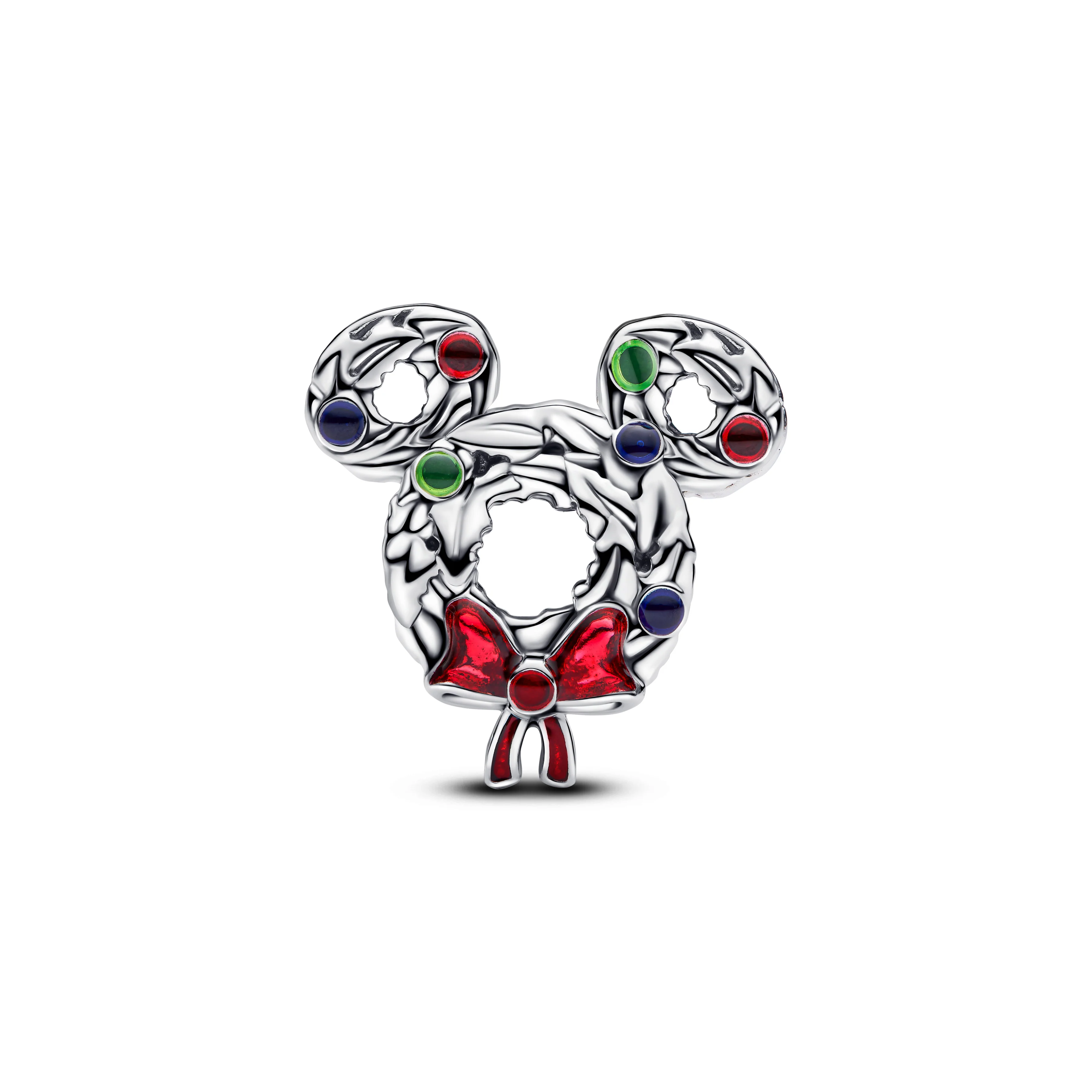 Disney Mickey Mouse Wreath Sterling Silver Charm With Transparent Blue, Red And Green Enamel