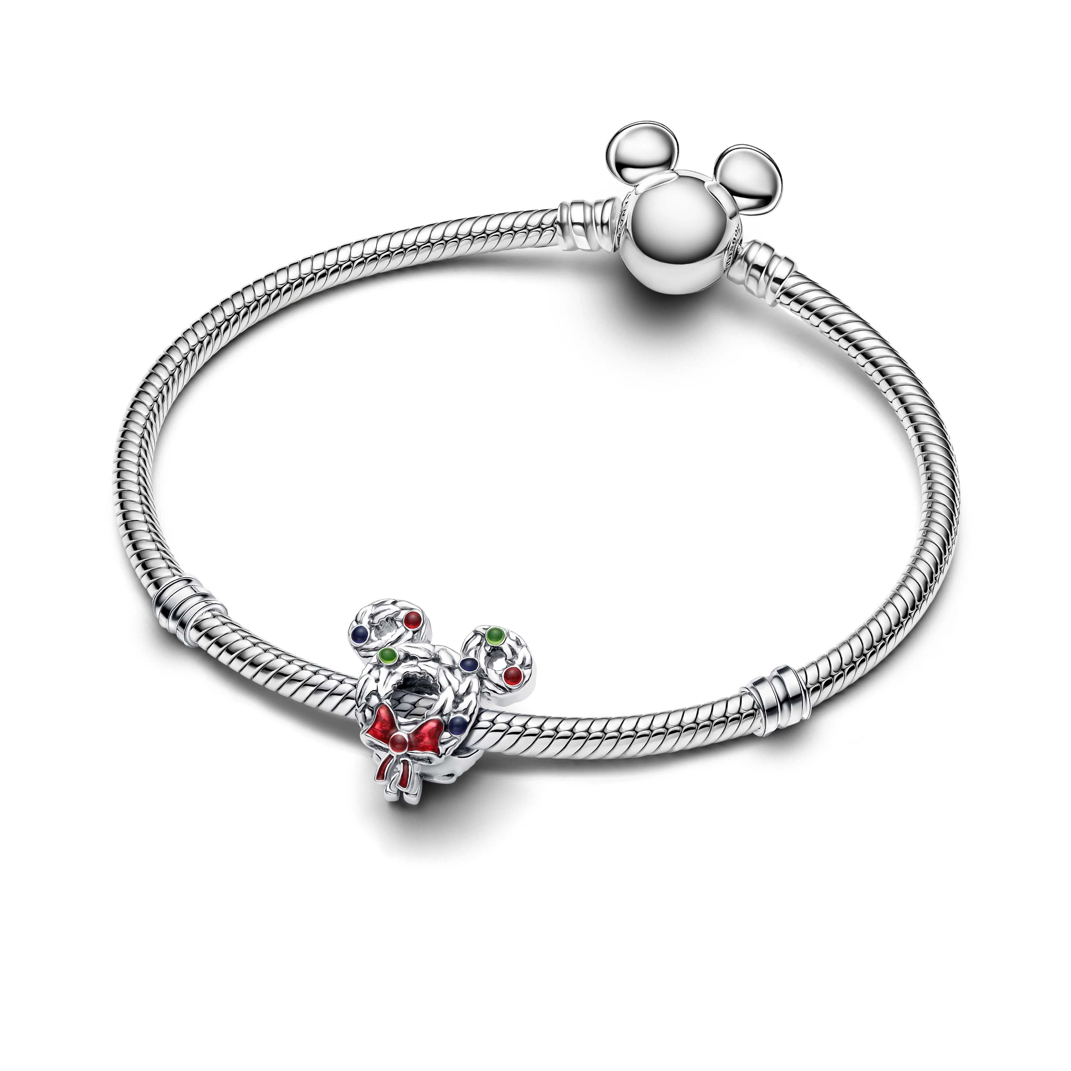 Disney Mickey Mouse Wreath Sterling Silver Charm With Transparent Blue, Red And Green Enamel - Image 5