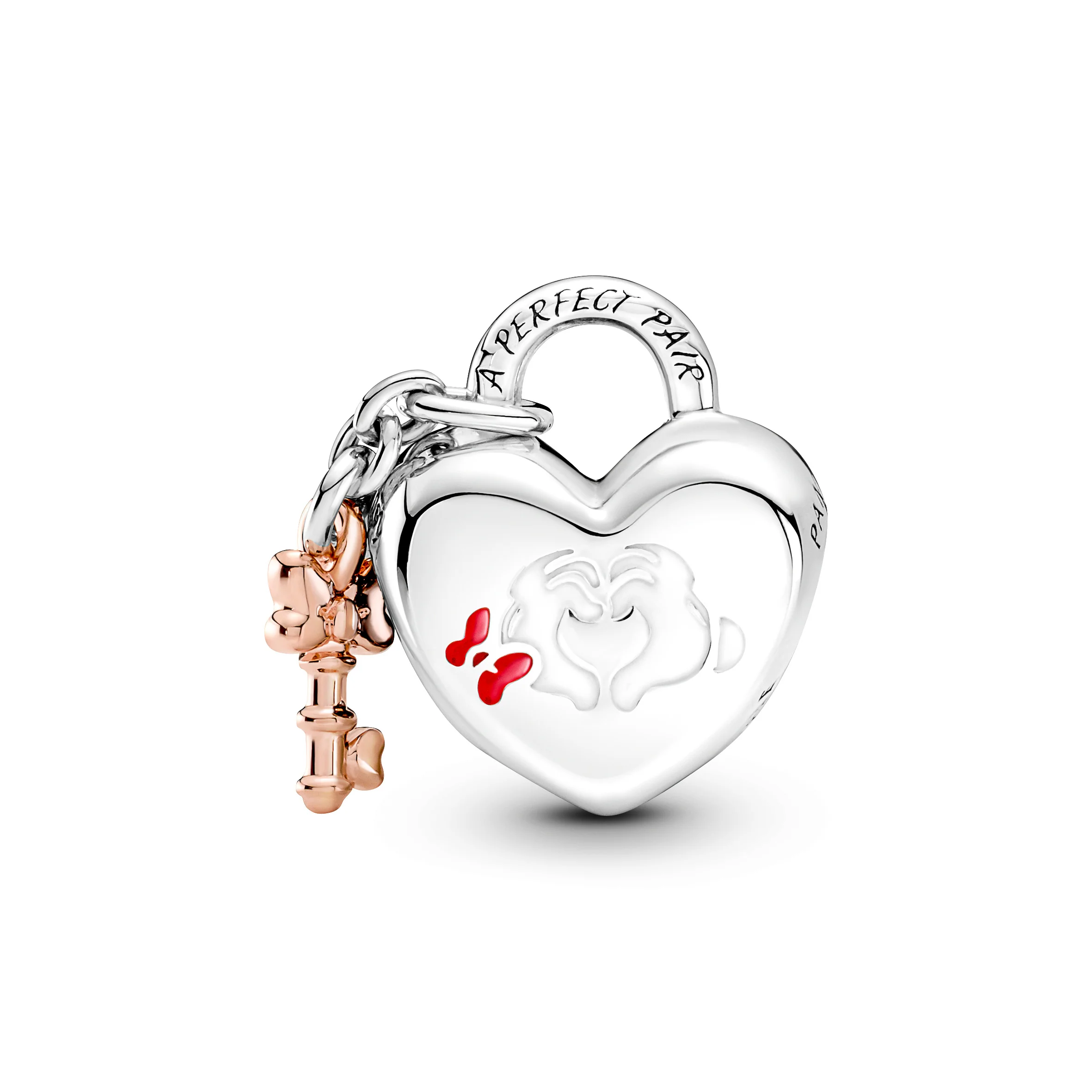 Disney Minnie And Mickey Heart Padlock And Key Sterling Silver And 14K Rose Gold-Plated Charm With Red, White And Black Enamel - Image 3