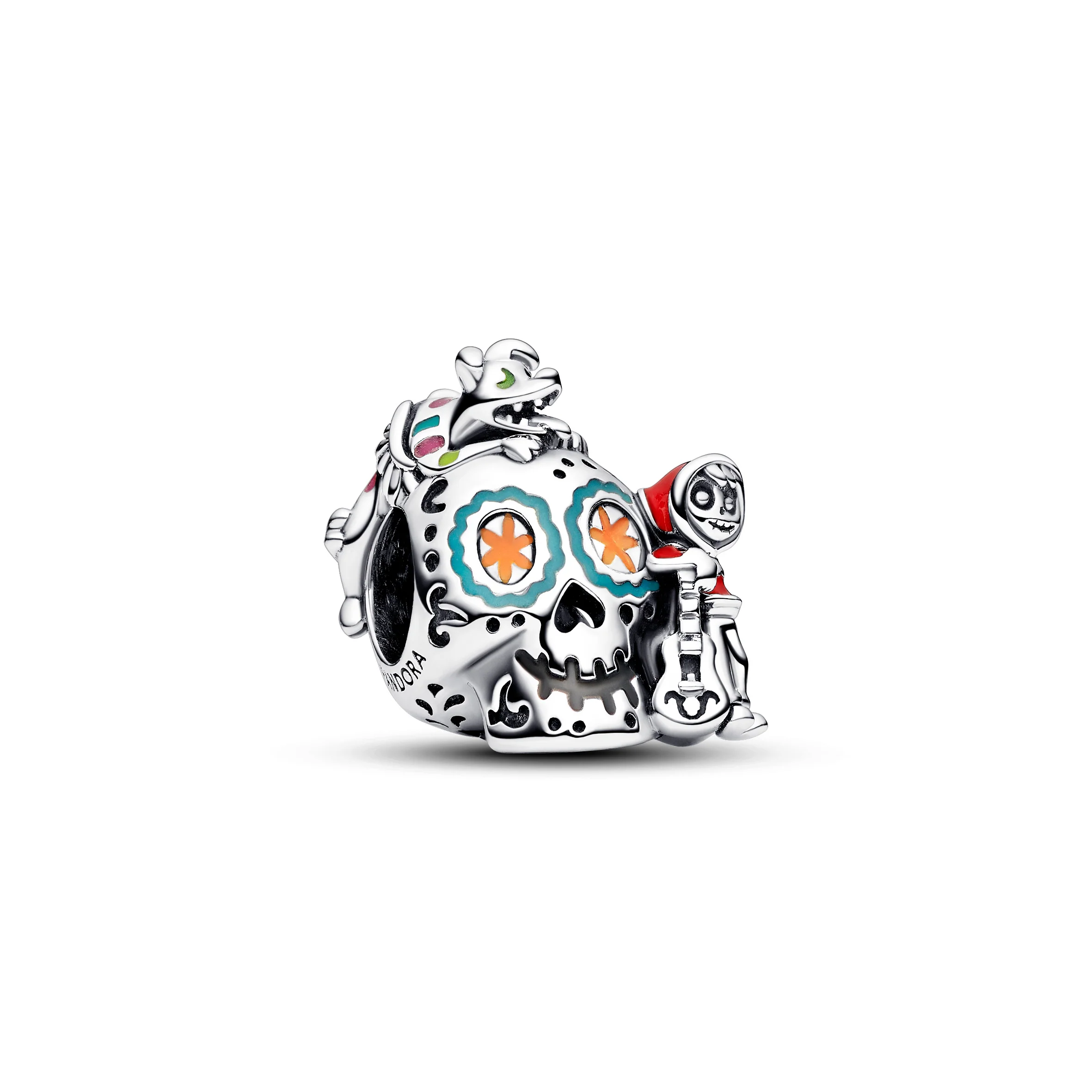 Disney Pixar Coco Skull Sterling Silver Charm With Red, Green, Orange, Yellow, Pink And Glow In The Dark Enamel