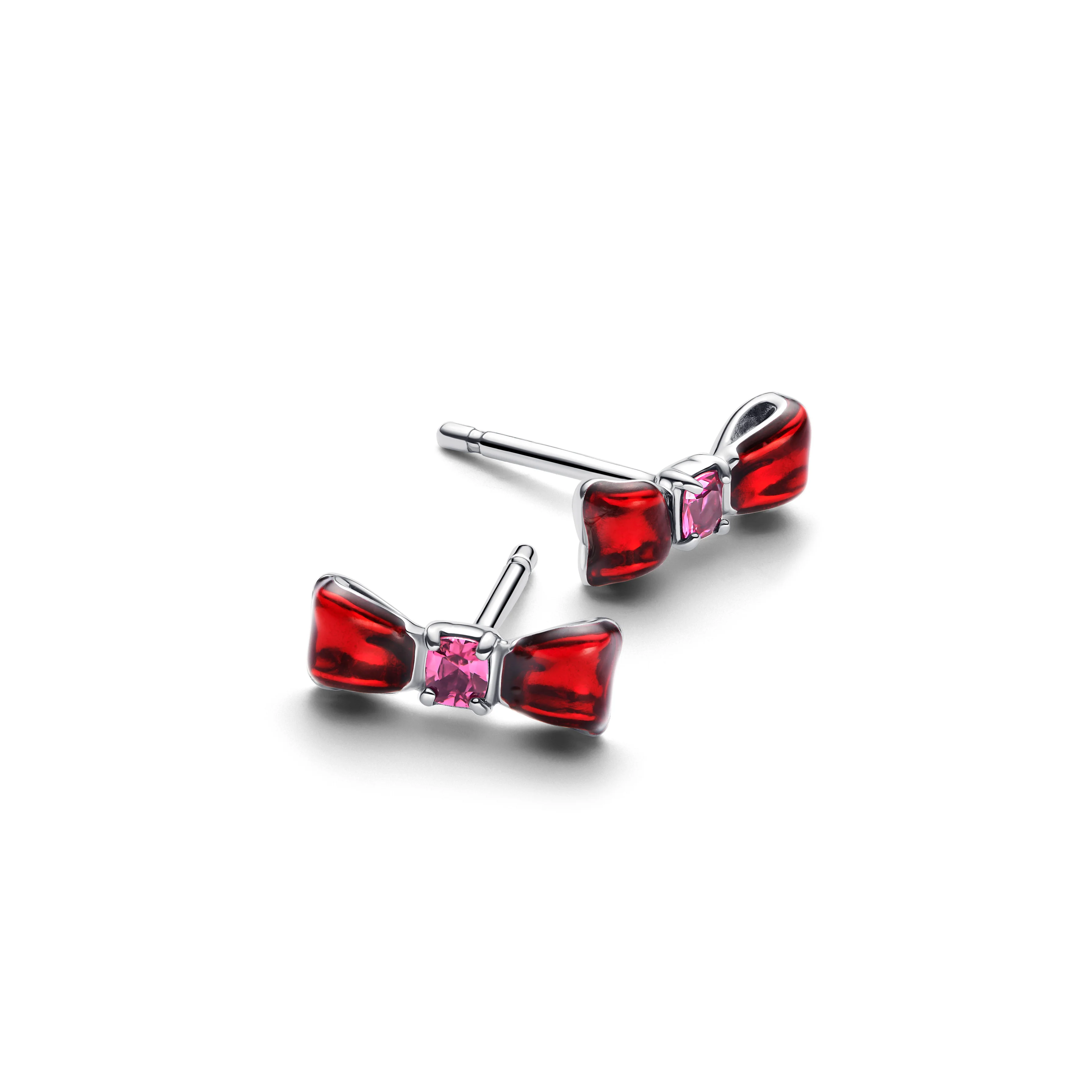 Disney Snow White Bow Sterling Silver Stud Earrings With Fuchsia Rose Crystal And Red Enamel - Image 3
