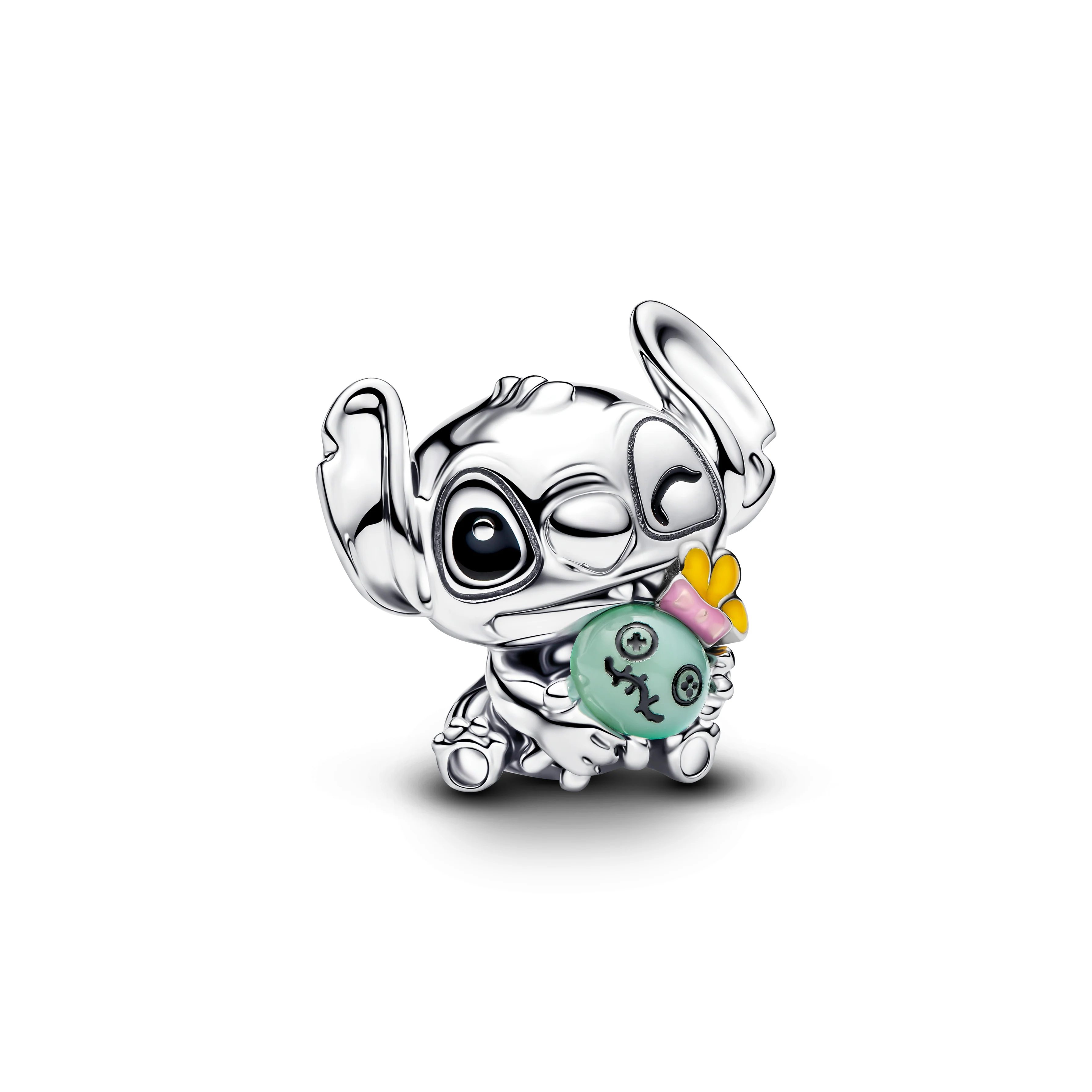 Disney Stitch Sterling Silver Charm With Green Murano Glass, Black, Pink And Yellow Enamel
