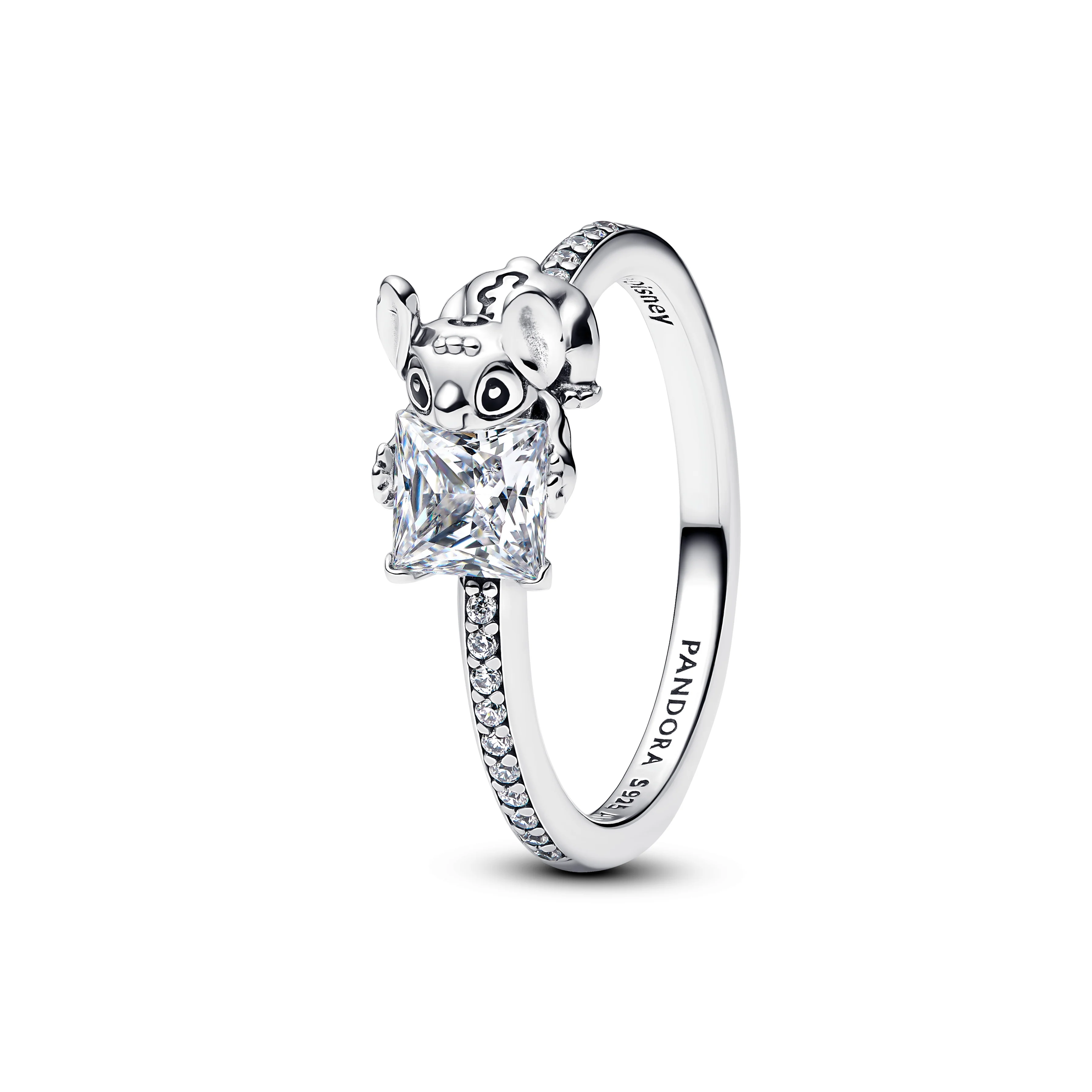 Disney Stitch Sterling Silver Ring With Clear Cubic Zirconia And Black Enamel