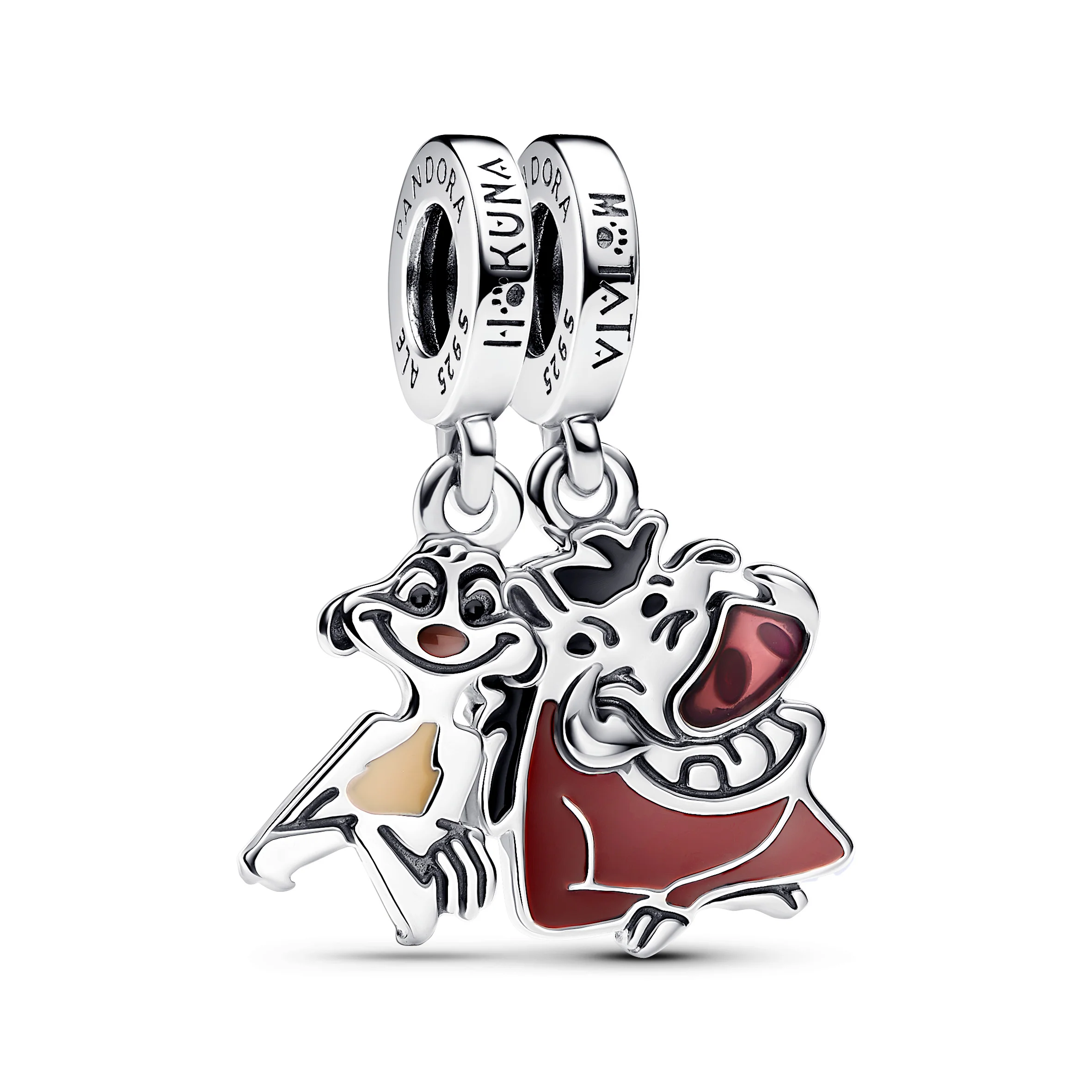 Disney The Lion King Timon And Pumbaa Sterling Silver Splittable Dangle With Pink, Wine Red, Black, Beige And Brown Enamel