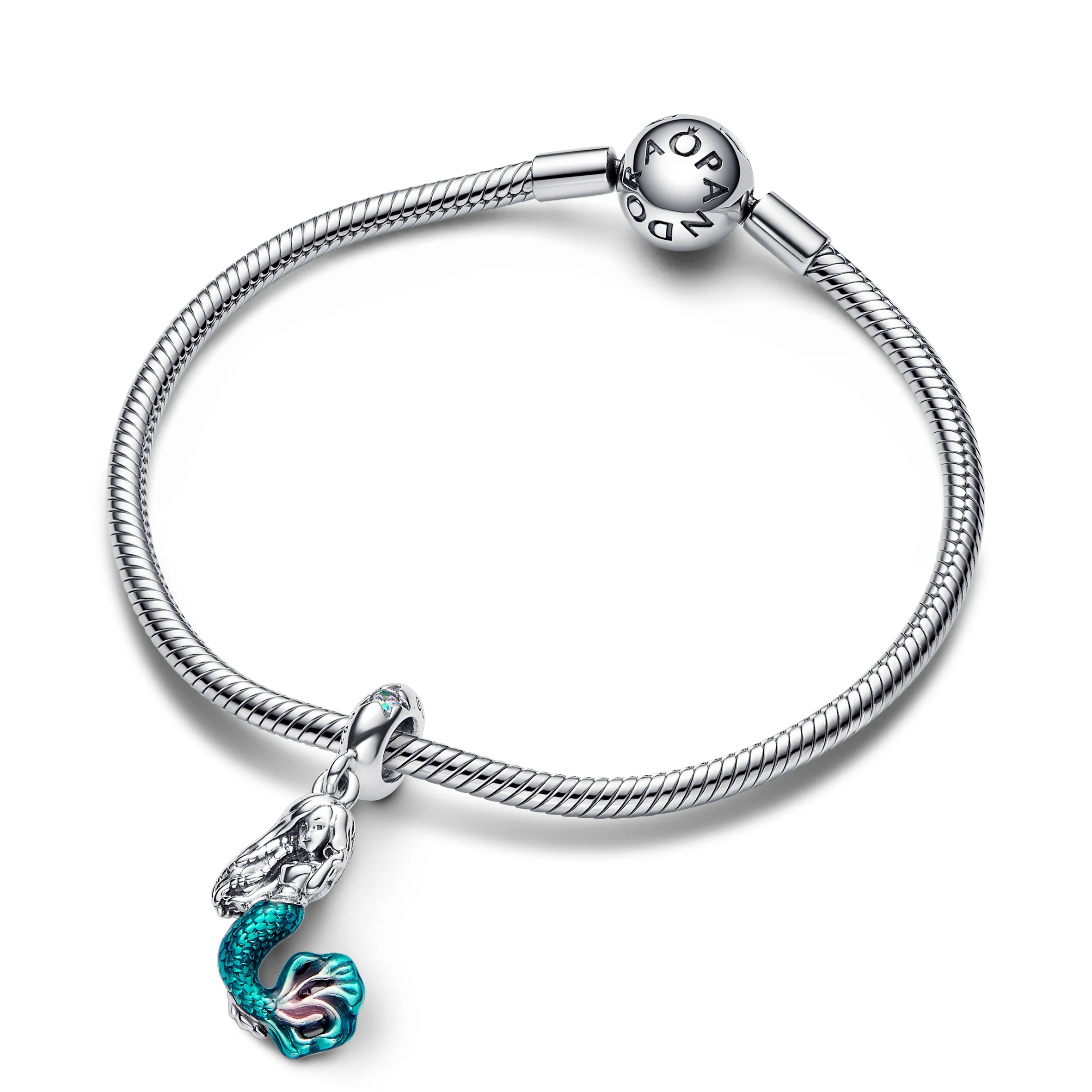 Disney The Little Mermaid Ariel Sterling Silver Dangle With Auro Borealis Clear Cubic Zirconia, Transparent Teal And Cerise Enamel - Image 4