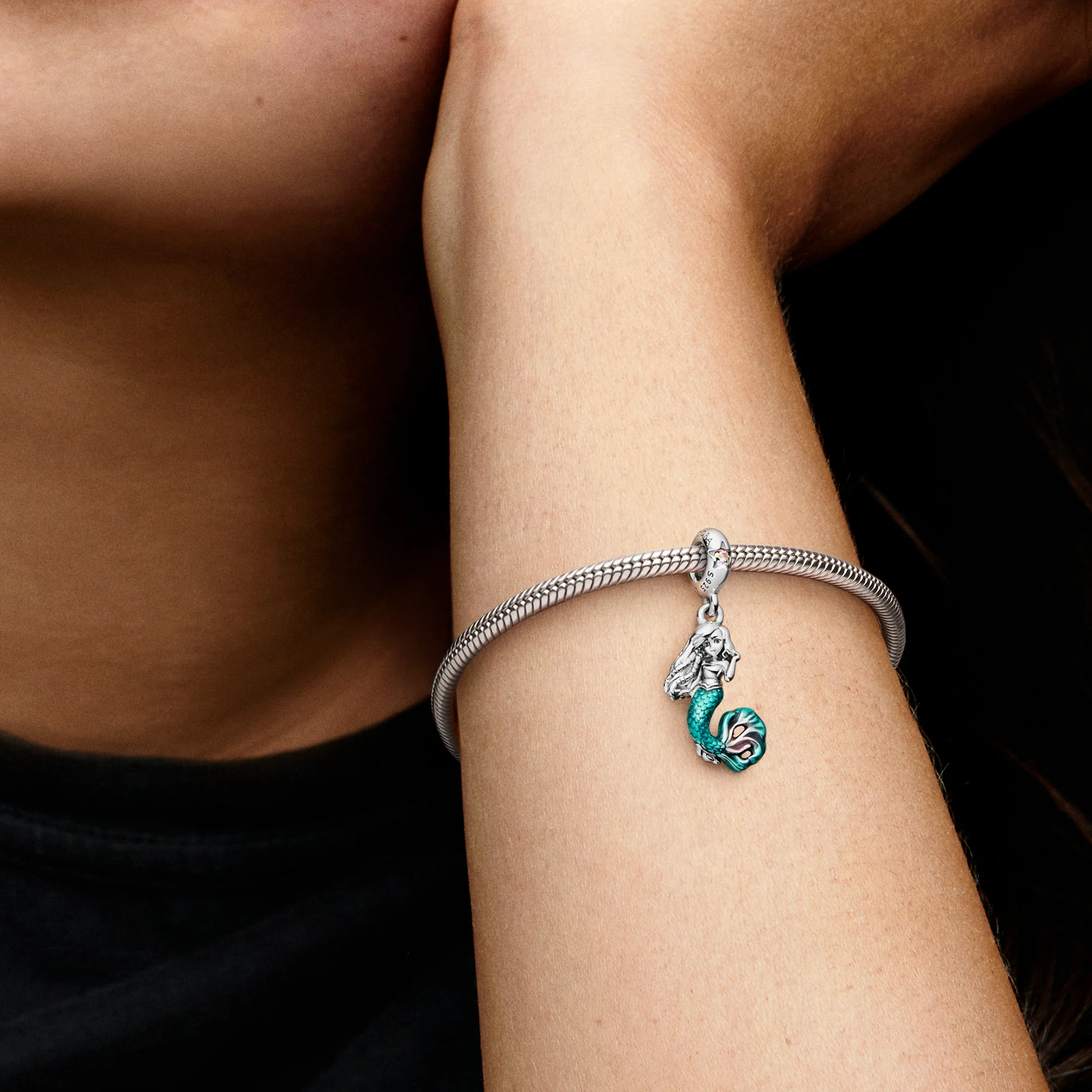 Disney The Little Mermaid Ariel Sterling Silver Dangle With Auro Borealis Clear Cubic Zirconia, Transparent Teal And Cerise Enamel - Image 5