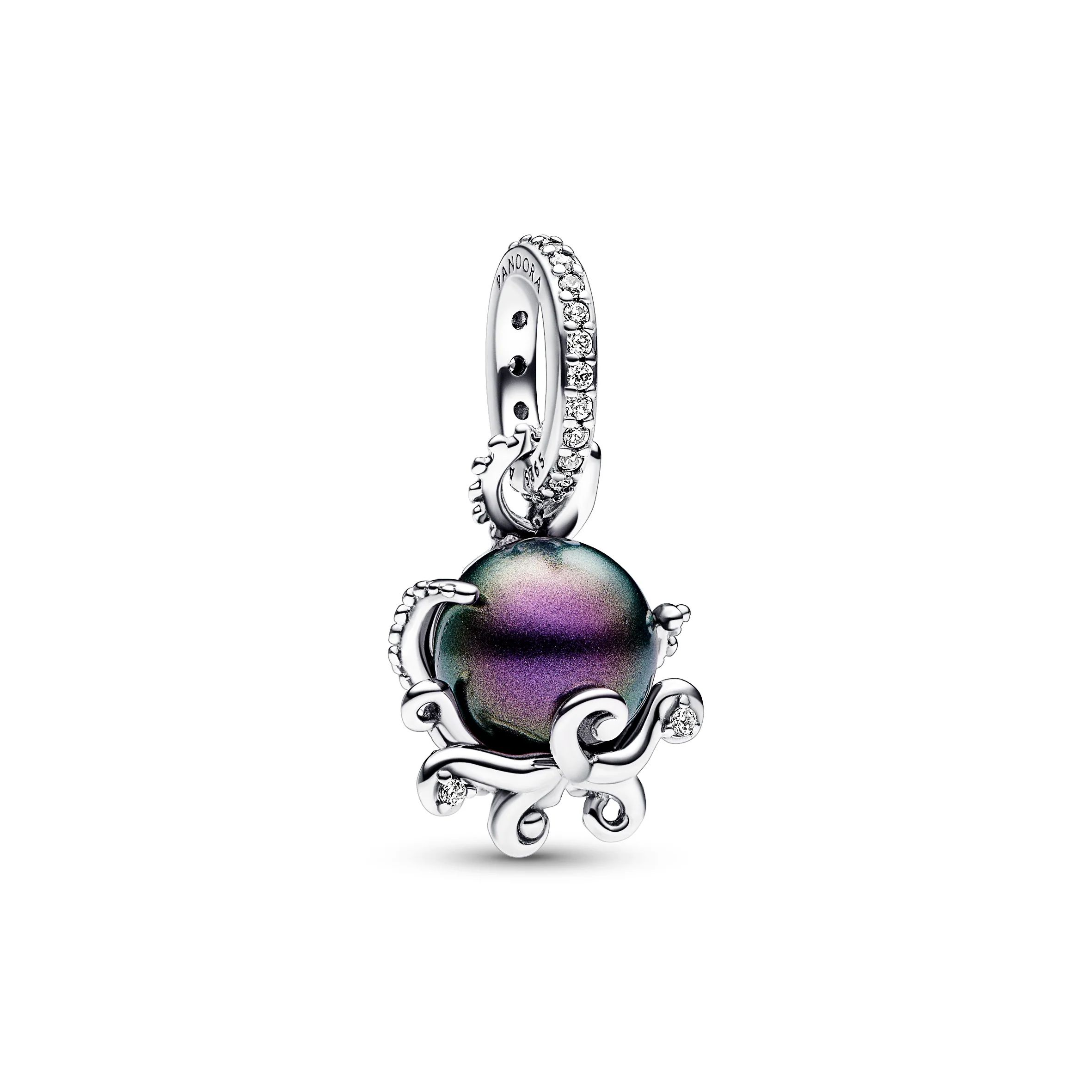 Disney The Little Mermaid Octupus Sterling Silver Dangle With Purple Lacquered Artificial Pearl And Clear Cubic Zirconia