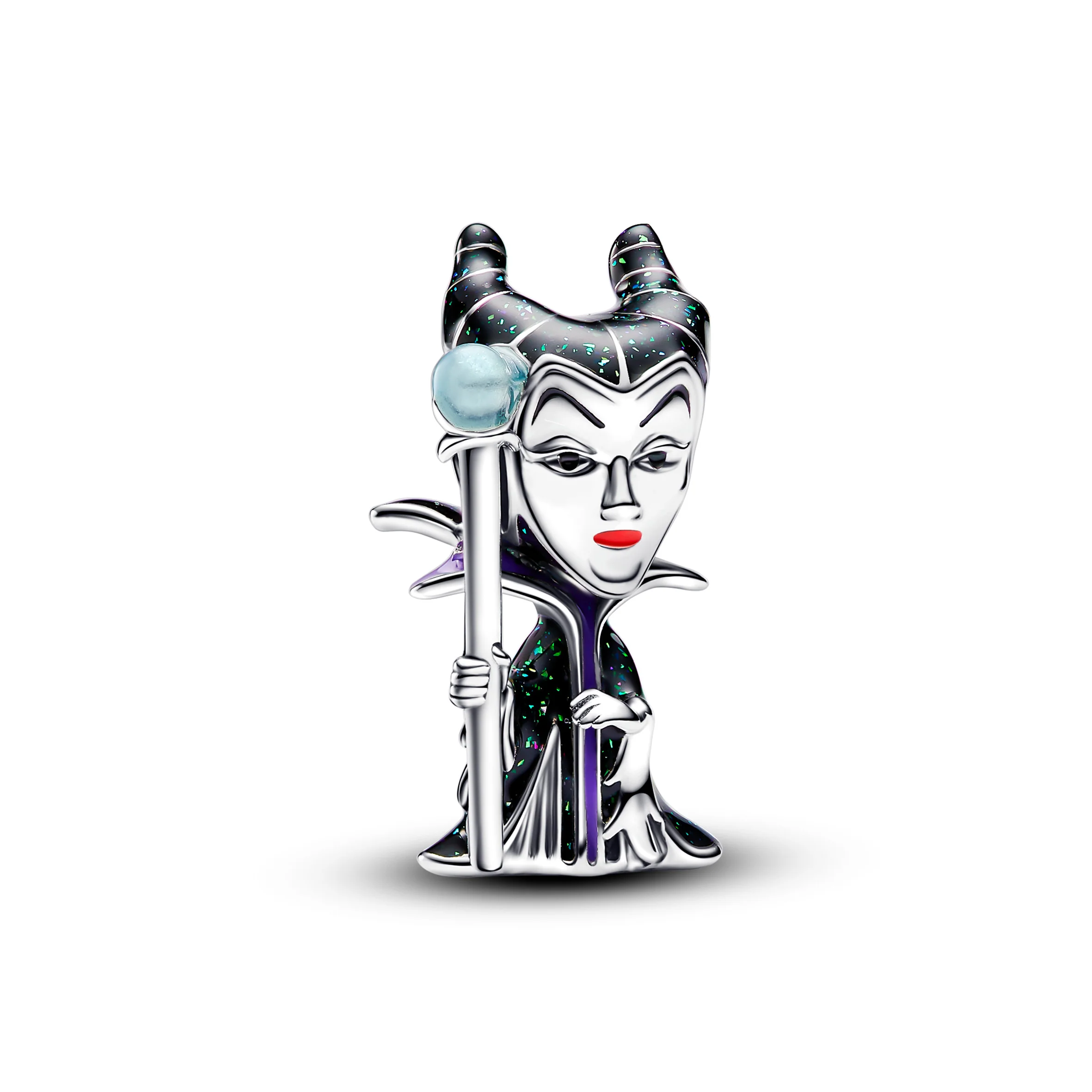 Disney Villains Maleficent Sterling Silver Charm With Glittery Green Black, Red And Glow In The Dark Blue Enamel
