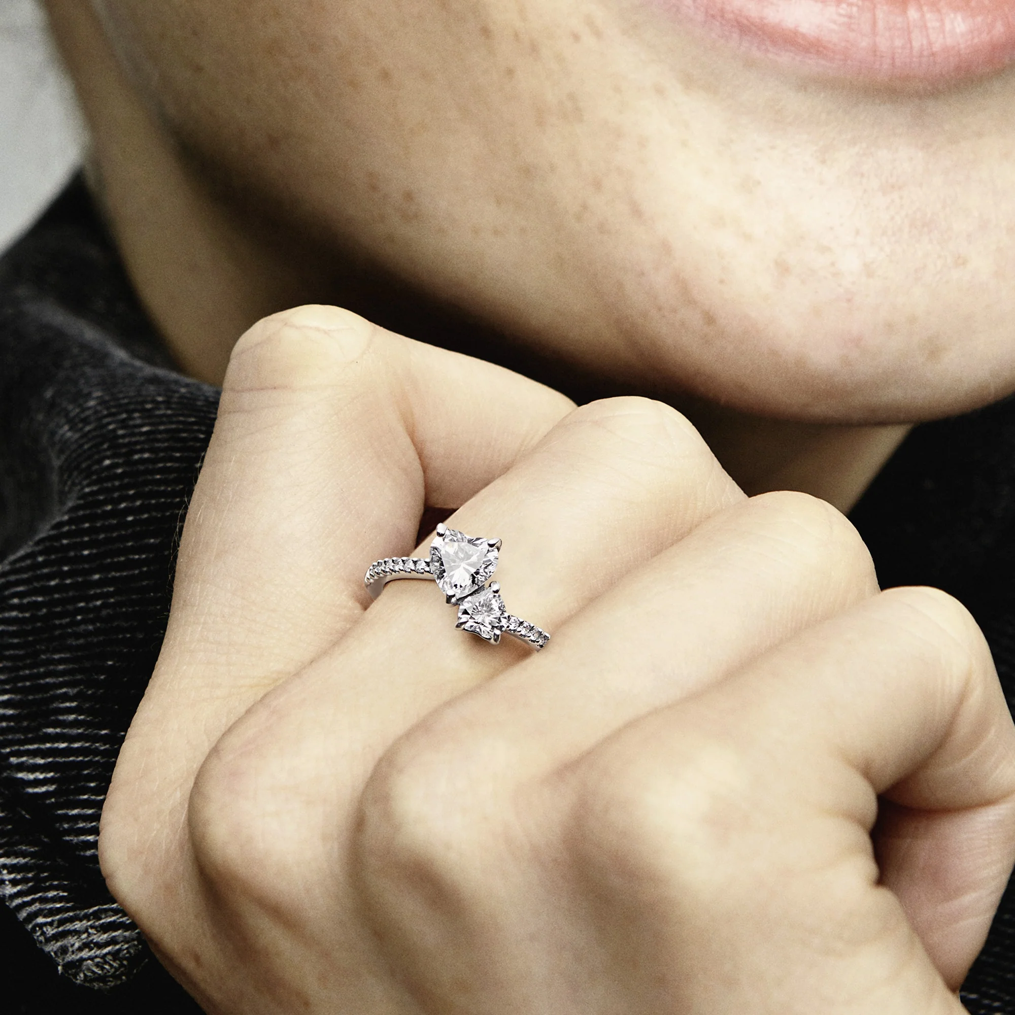 Double Heart Sterling Silver Ring With Clear Cubic Zirconia - Image 2