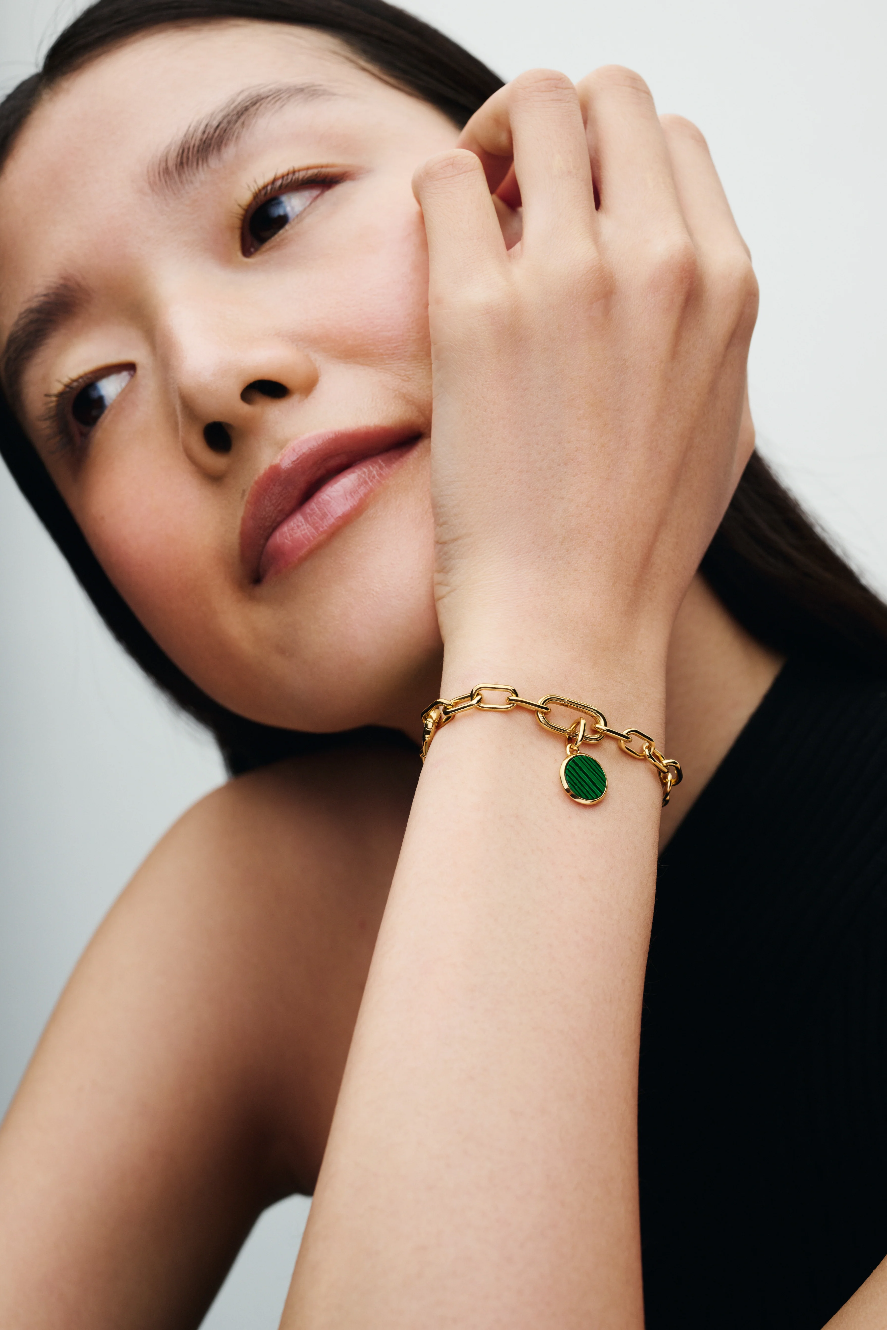 Engravable Round 14K Gold-Plated Mini Medallion With Man-Made Imitation Of Malachite - Image 2