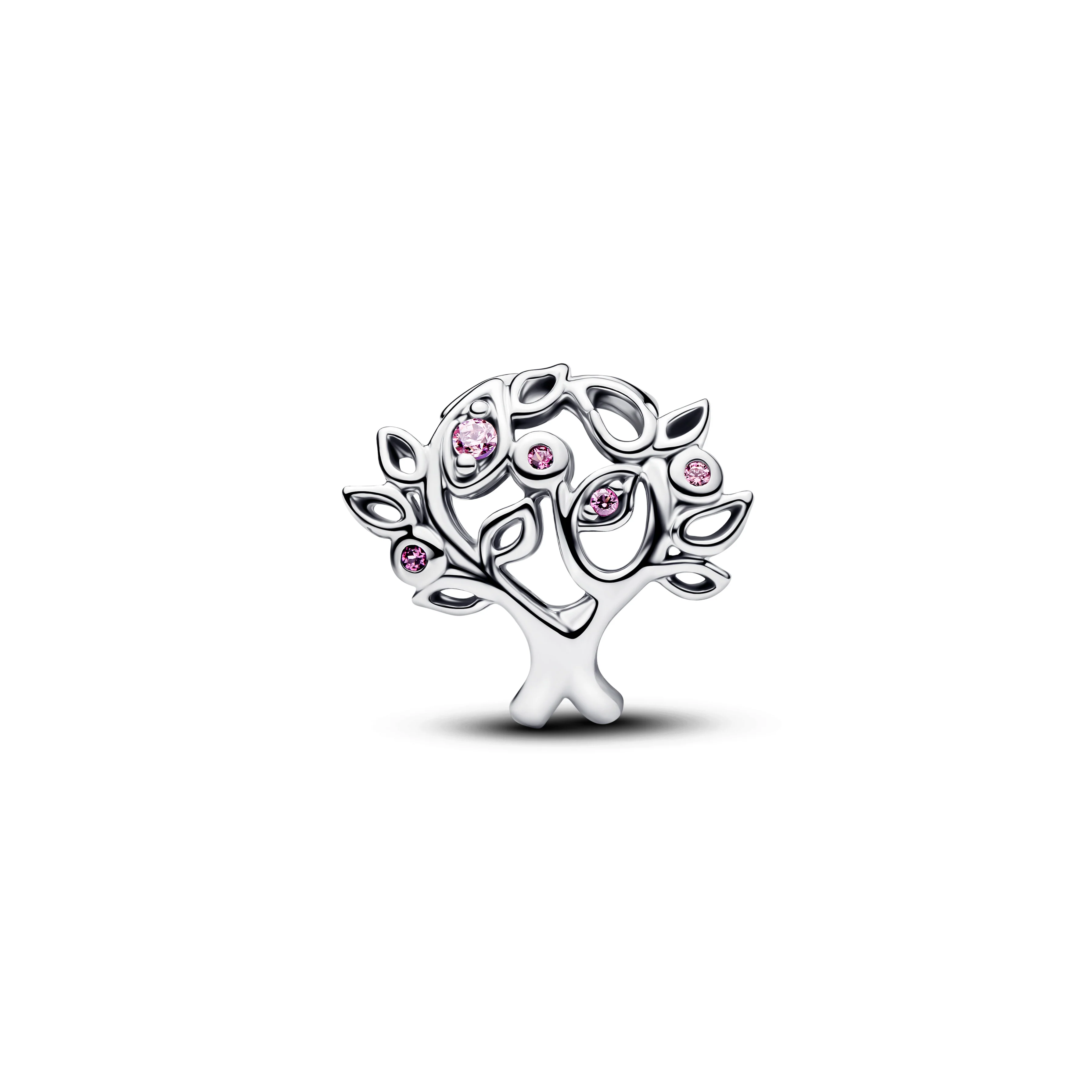 Family Tree Sterling Silver Charm With Fancy Pink Cubic Zirconia And Fuchsia Rose Crystal