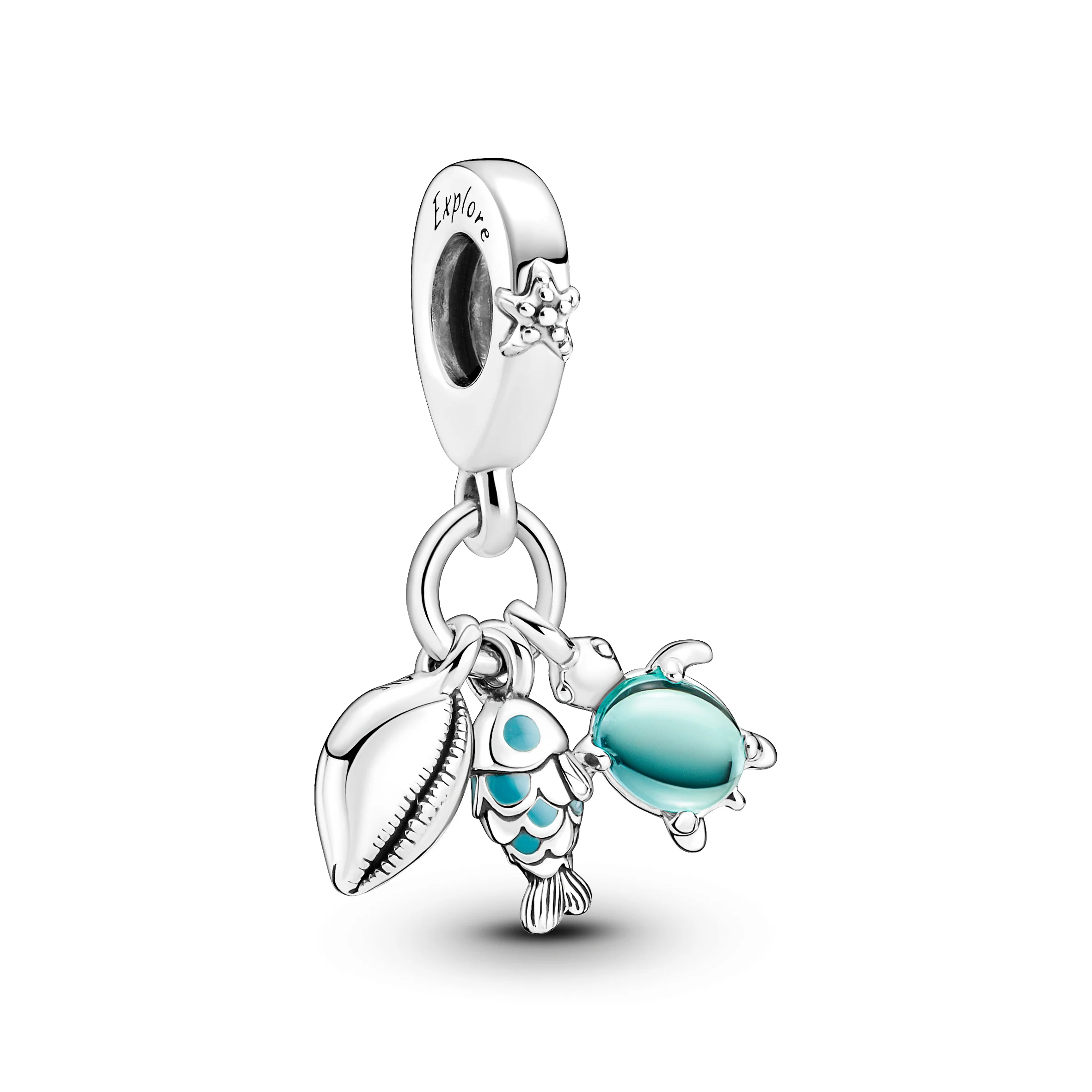Fish, Turtle And Shell Sterling Silver Dangle With Bi-Color Green Blue Murano Glass And Turquoise Enamel
