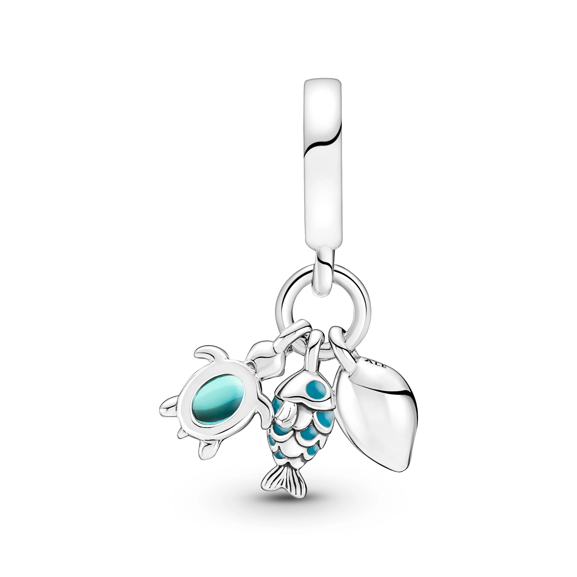 Fish, Turtle And Shell Sterling Silver Dangle With Bi-Color Green Blue Murano Glass And Turquoise Enamel - Image 5