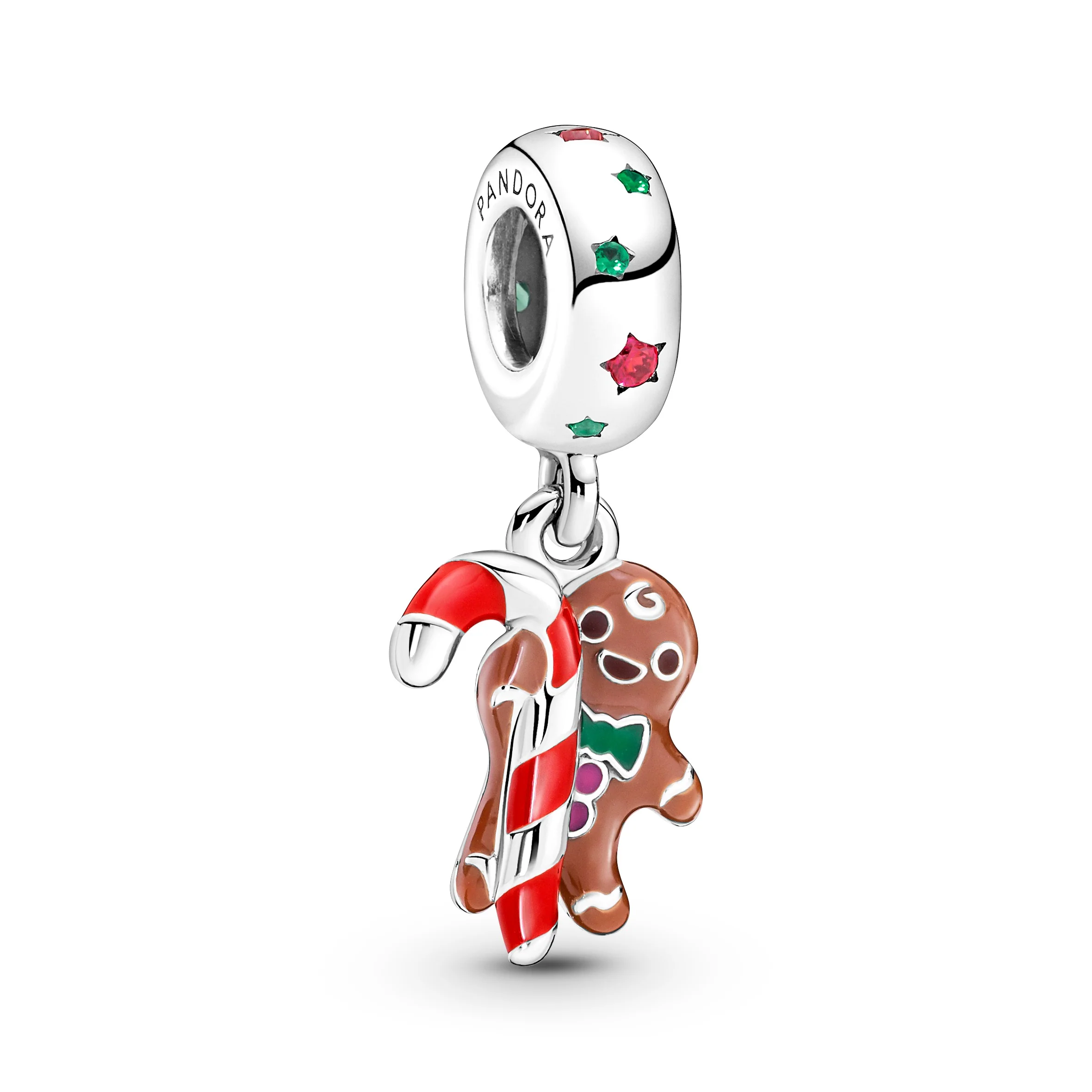 Ginger Bread Man With Candy Cane Sterling Silver Dangle With Spectra Green Crystal, Red Cubic Zirconia, Red, Pink, Brown And Green Enamel
