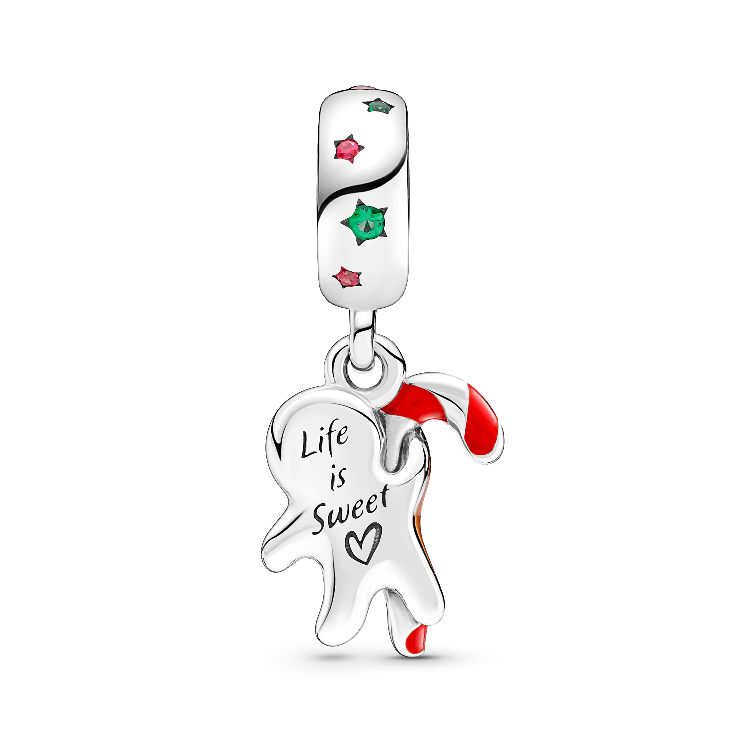 Ginger Bread Man With Candy Cane Sterling Silver Dangle With Spectra Green Crystal, Red Cubic Zirconia, Red, Pink, Brown And Green Enamel - Image 2