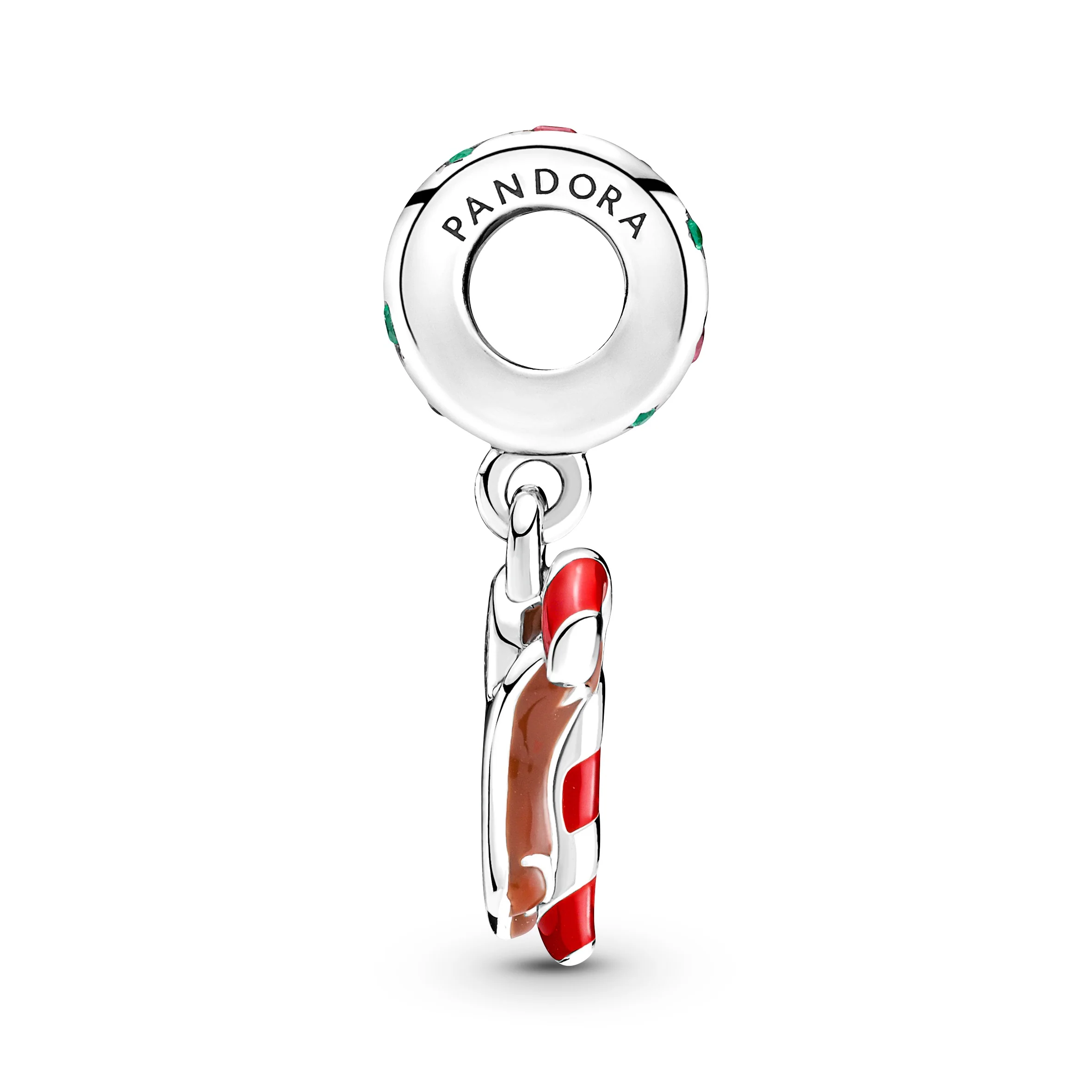 Ginger Bread Man With Candy Cane Sterling Silver Dangle With Spectra Green Crystal, Red Cubic Zirconia, Red, Pink, Brown And Green Enamel - Image 3