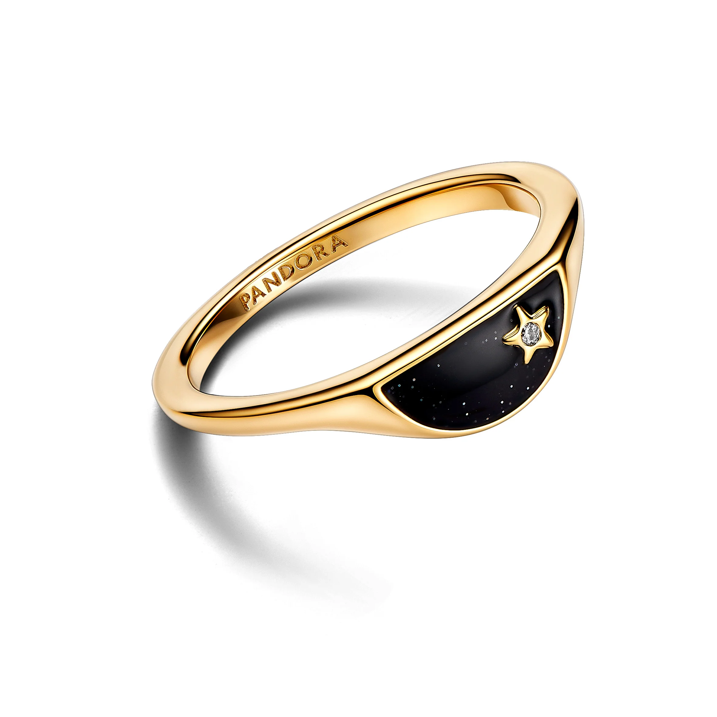 Halved Signet 14K Gold-Plated Ring With Clear Cubic Zirconia And Glittery Black Enamel - Image 3