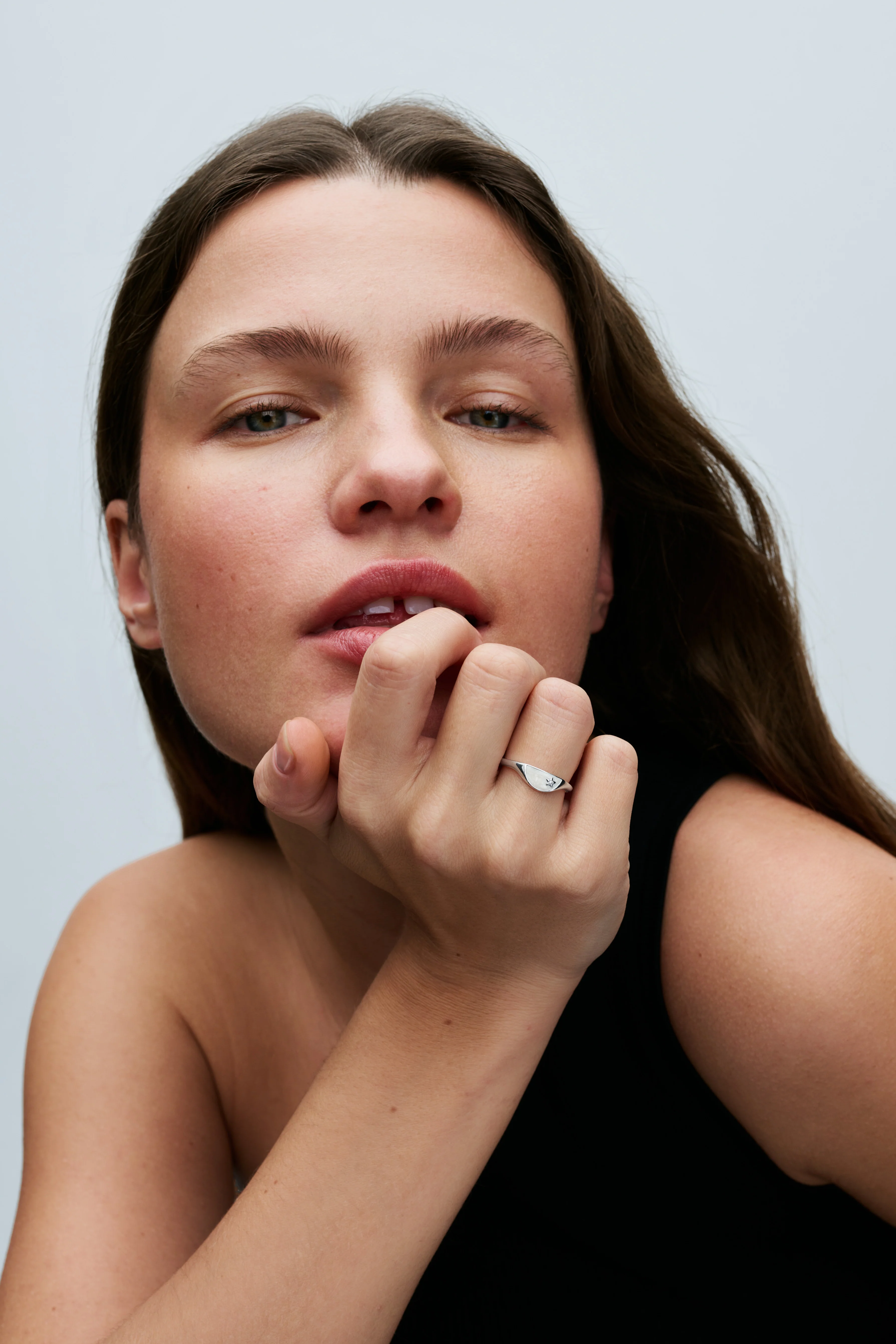 Halved Signet Sterling Silver Ring With Clear Cubic Zirconia And Shimmering White Enamel - Image 2