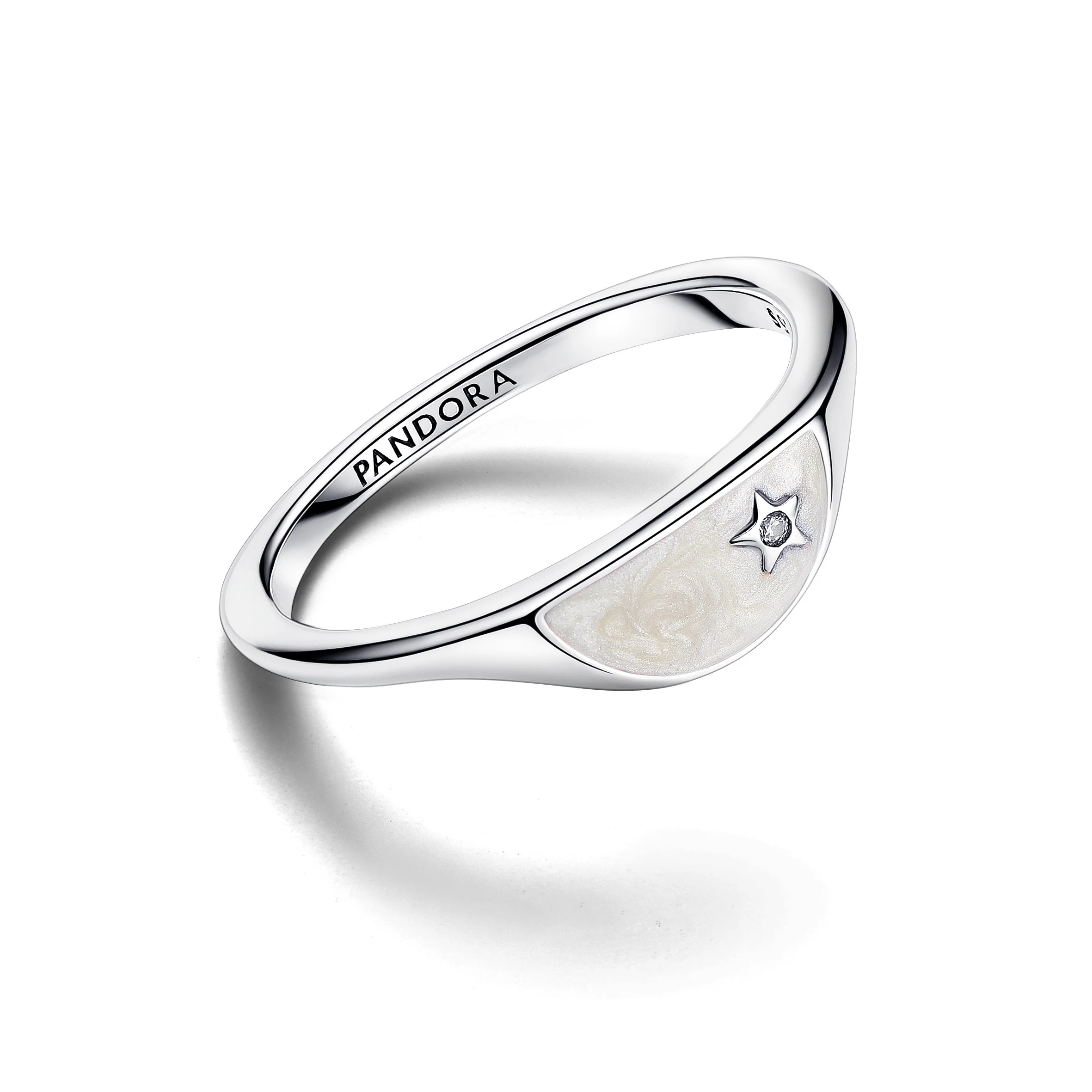 Halved Signet Sterling Silver Ring With Clear Cubic Zirconia And Shimmering White Enamel - Image 3
