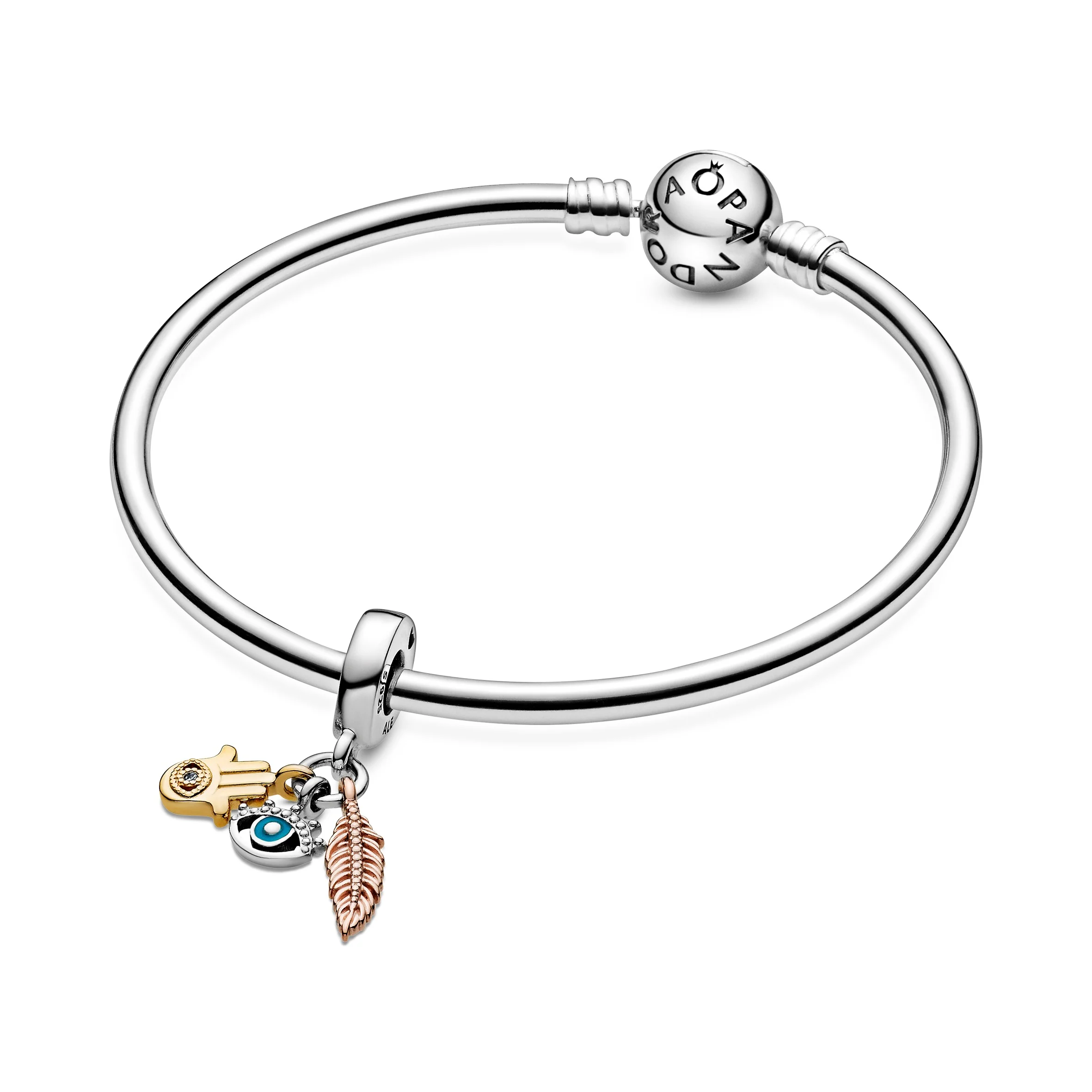 Hand, Eye And Feather Sterling Silver, 14K Gold-Plated And 14K Rose Gold-Plated Dangle With Clear Cubic Zirconia And Turquoise Enamel - Image 3