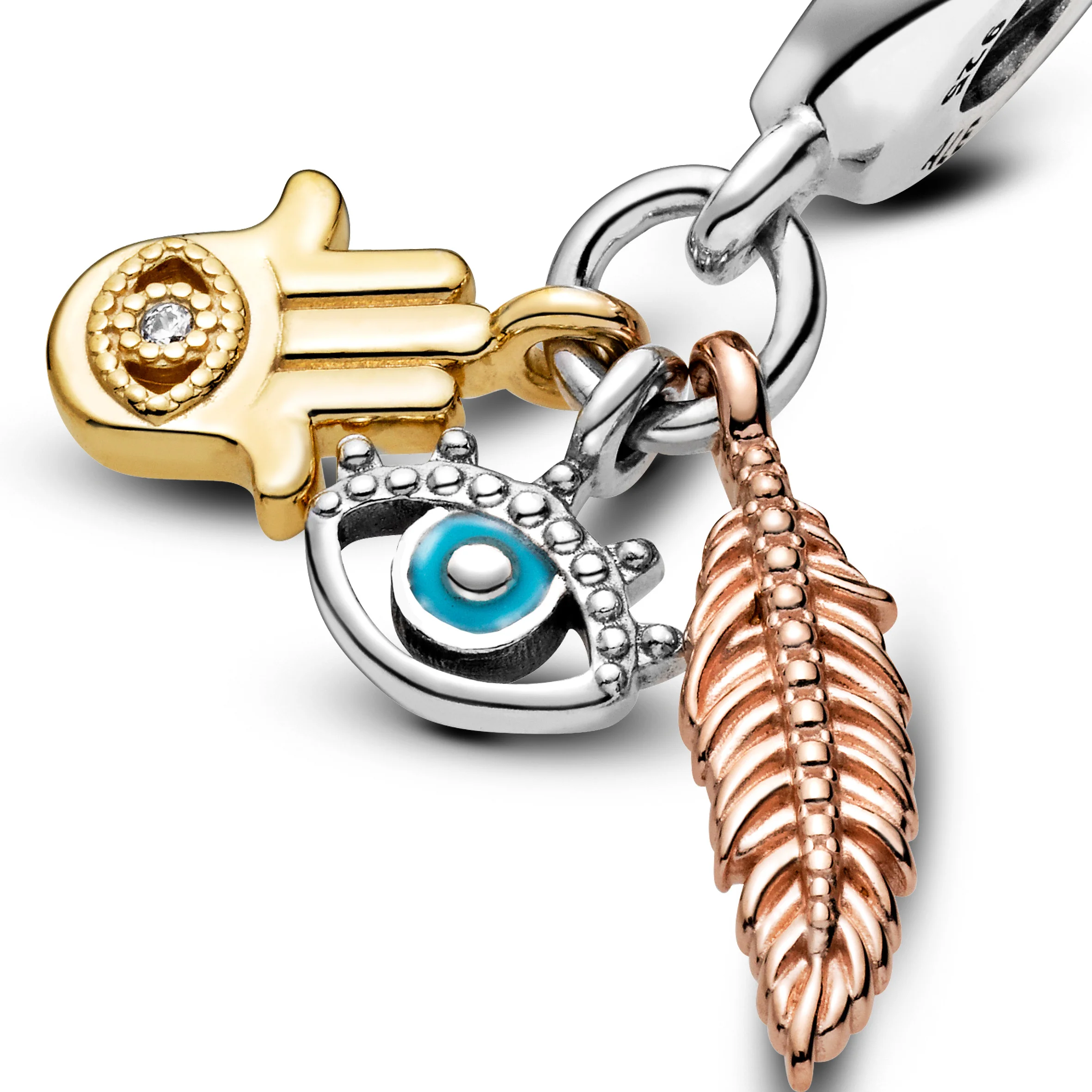 Hand, Eye And Feather Sterling Silver, 14K Gold-Plated And 14K Rose Gold-Plated Dangle With Clear Cubic Zirconia And Turquoise Enamel - Image 4
