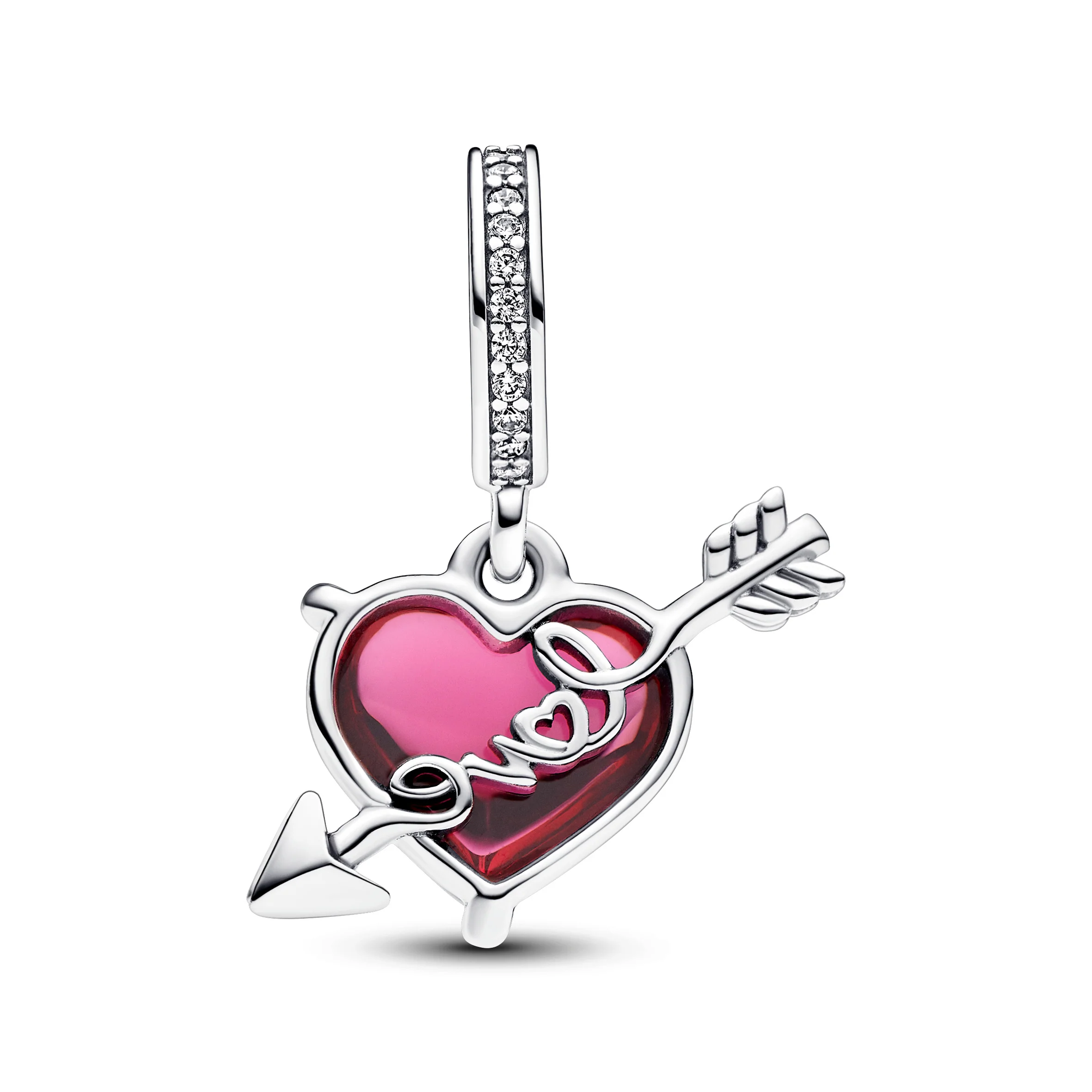 Heart And Arrow Sterling Silver Dangle With Clear Cubic Zirconia And Red Murano Glass - Image 3