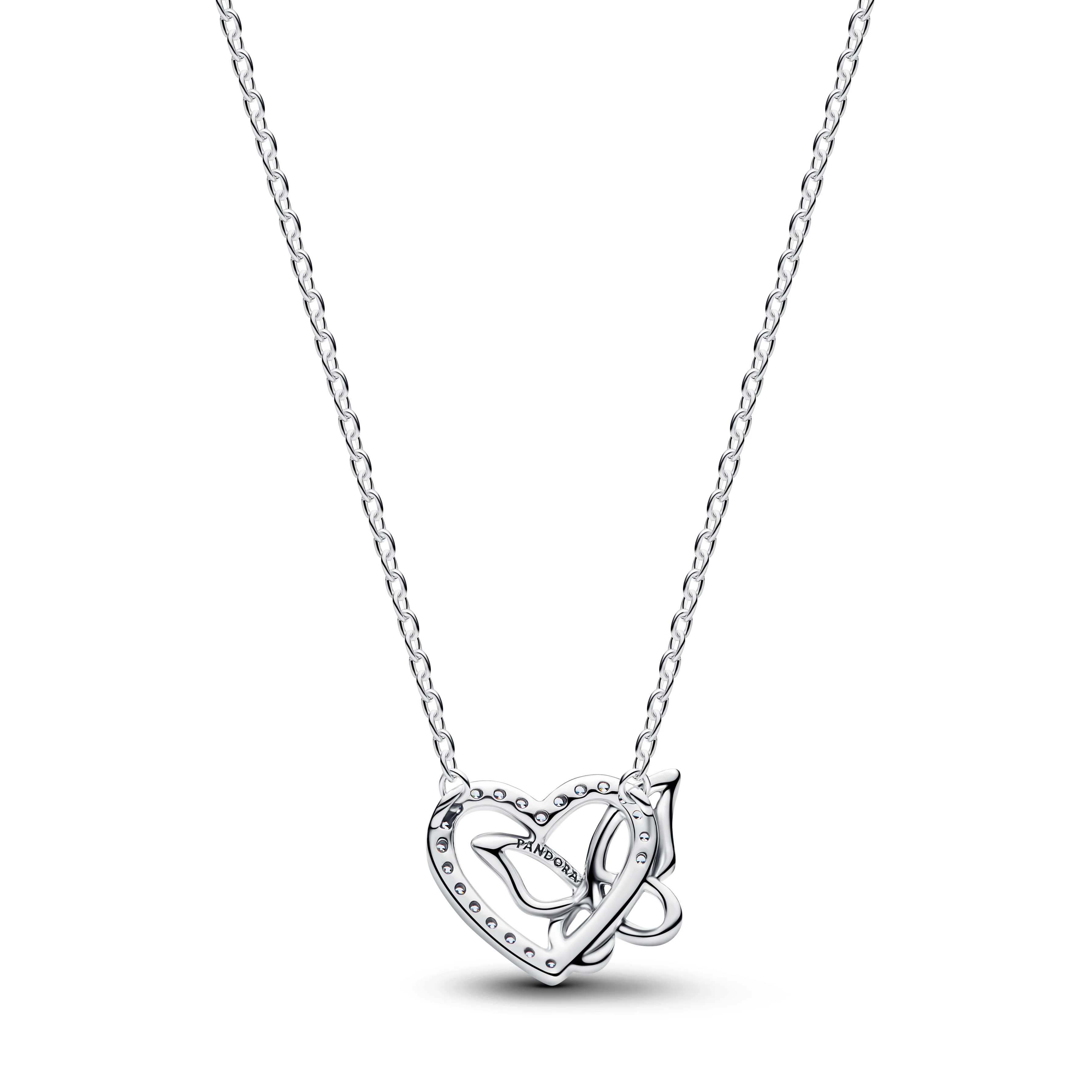 Heart And Butterfly Sterling Silver Collier With Clear Cubic Zirconia