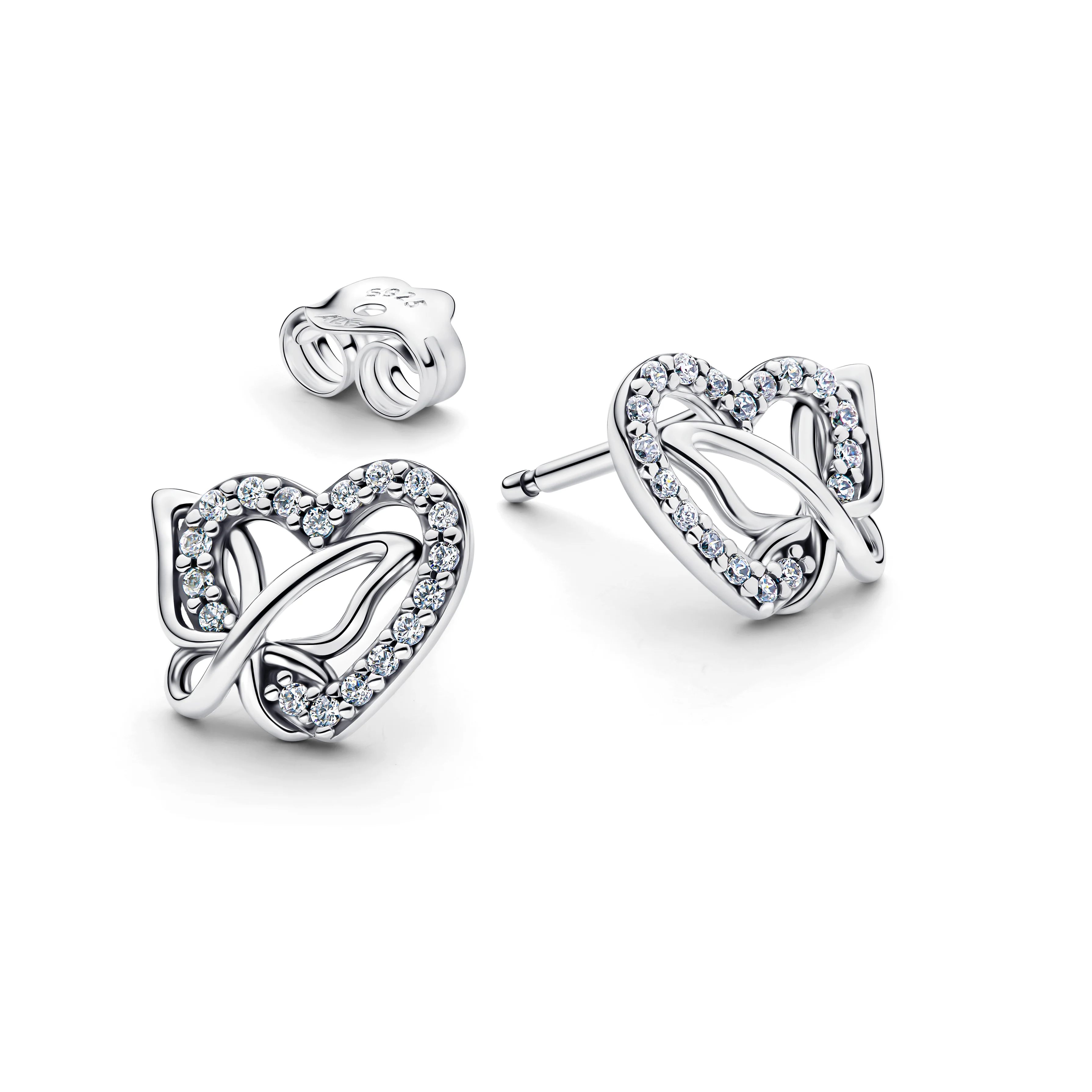 Heart And Butterfly Sterling Silver Stud Earrings With Clear Cubic Zirconia - Image 2