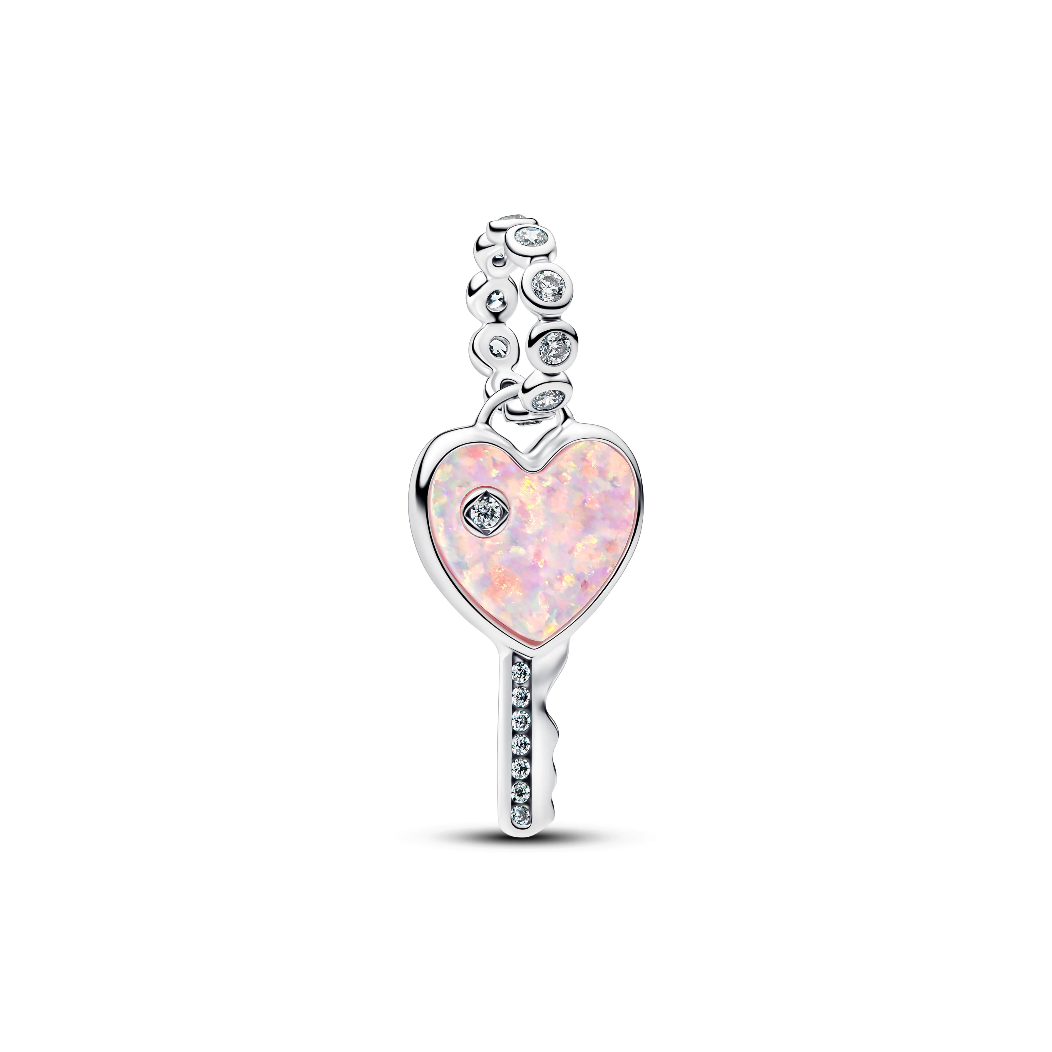 Heart Key Sterling Silver Dangle With Clear Cubic Zirconia And Lab-Created Pink Opal