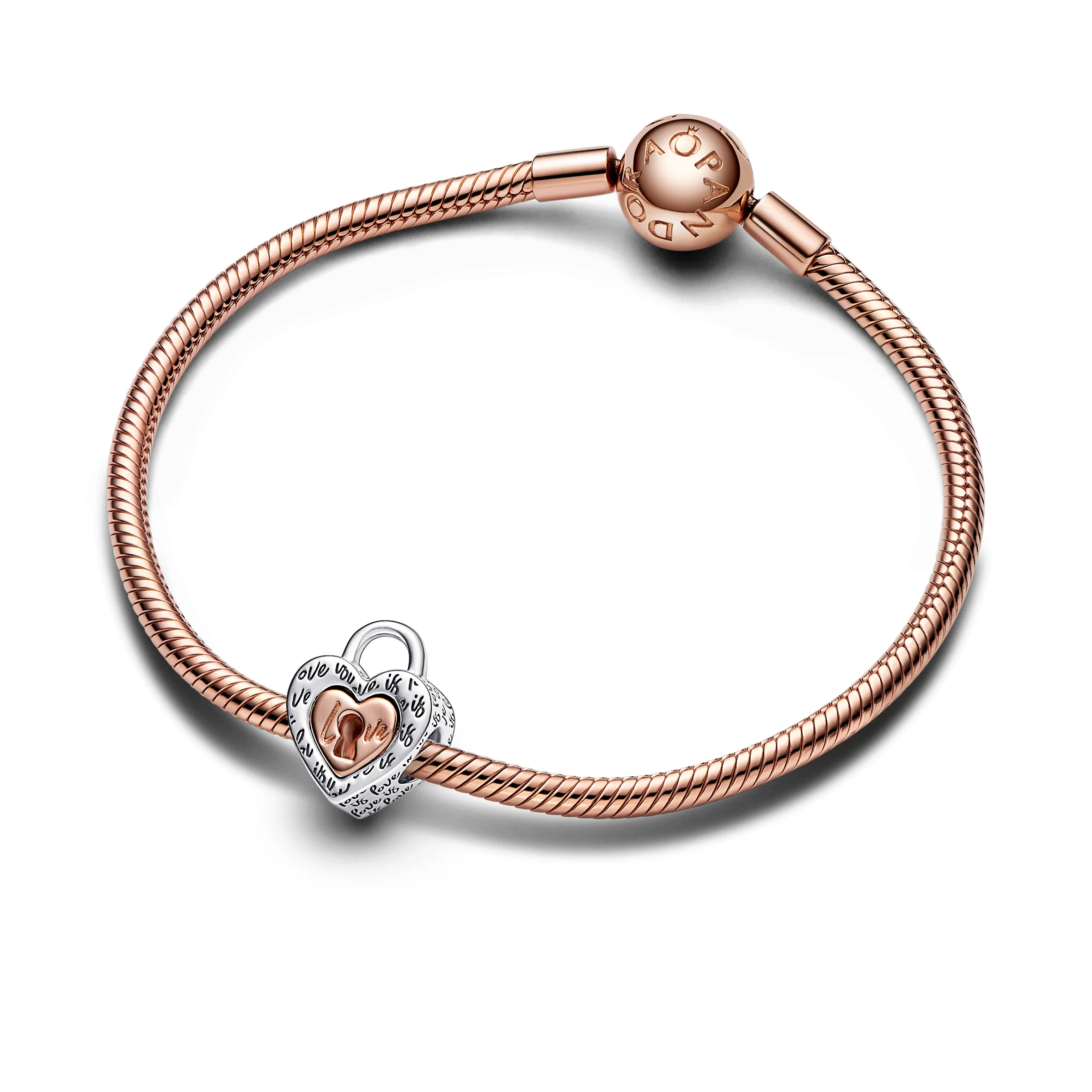 Heart Padlock Sterling Silver And 14K Rose Gold-Plated Splitable Charm - Image 3
